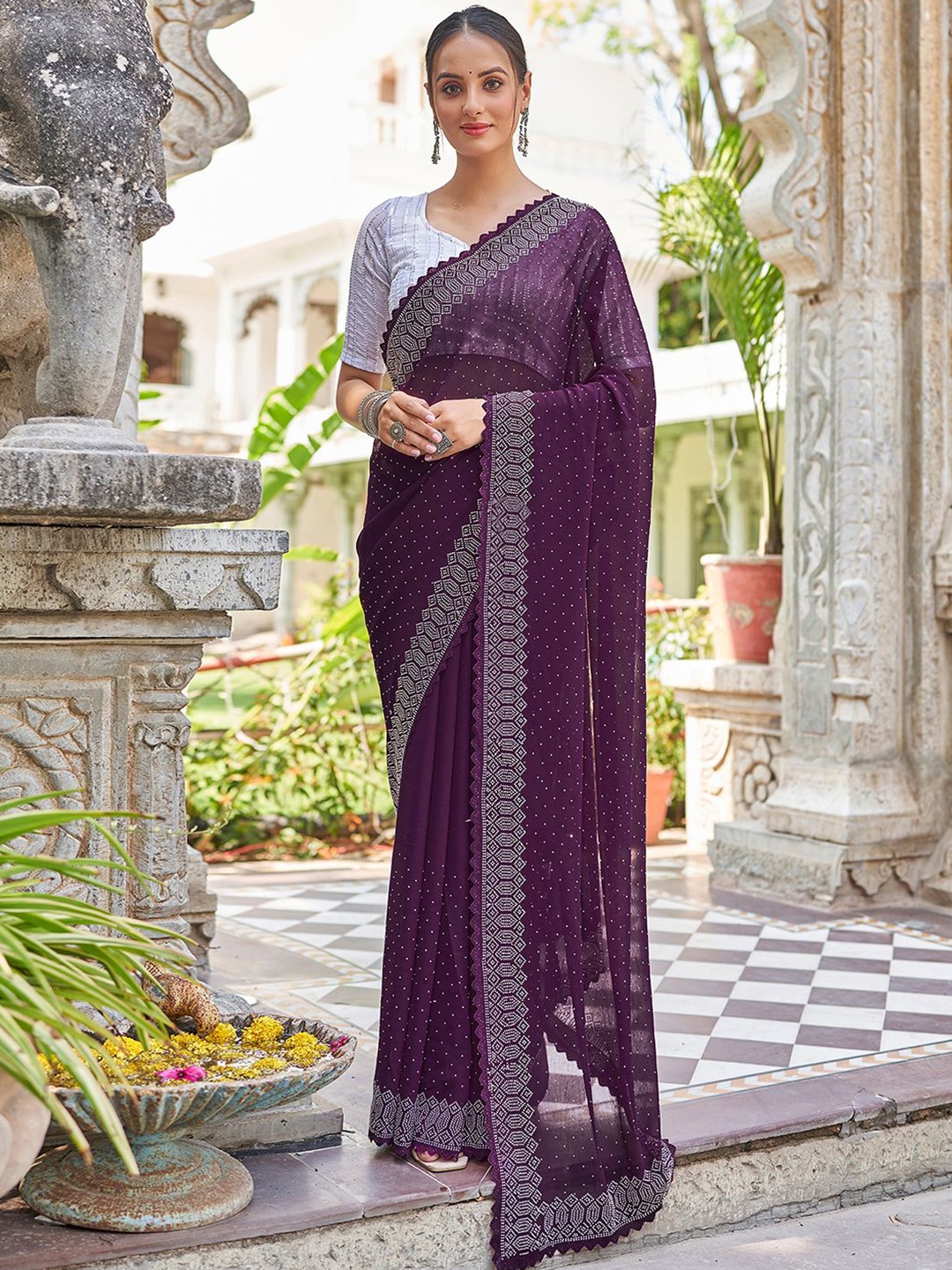 

all about you Embellished Beads and Stones Pure Georgette Saree, Purple