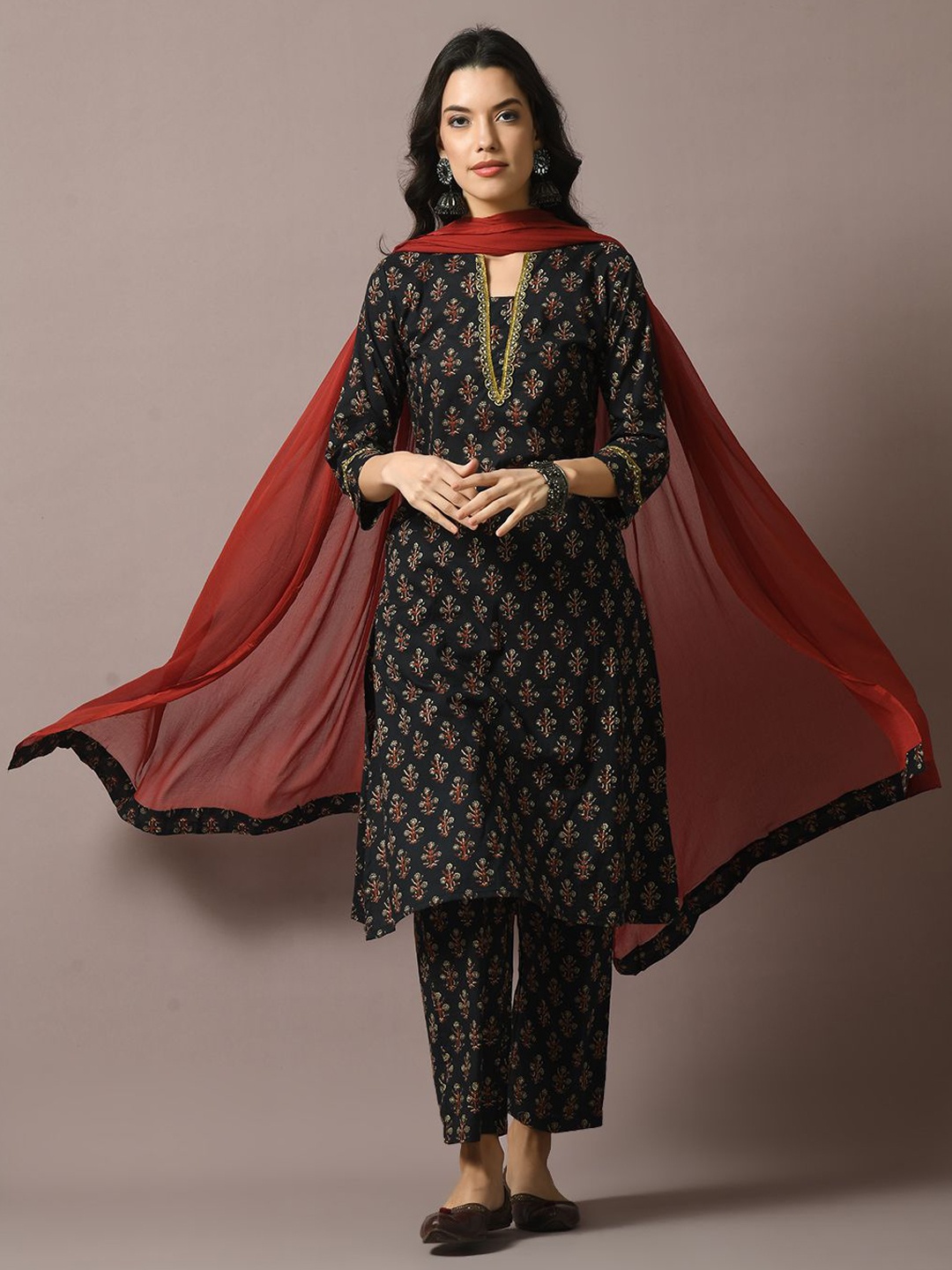 

KALINI Ethnic Motifs Printed Pure Cotton Straight Kurta With Trousers &Dupatta, Black