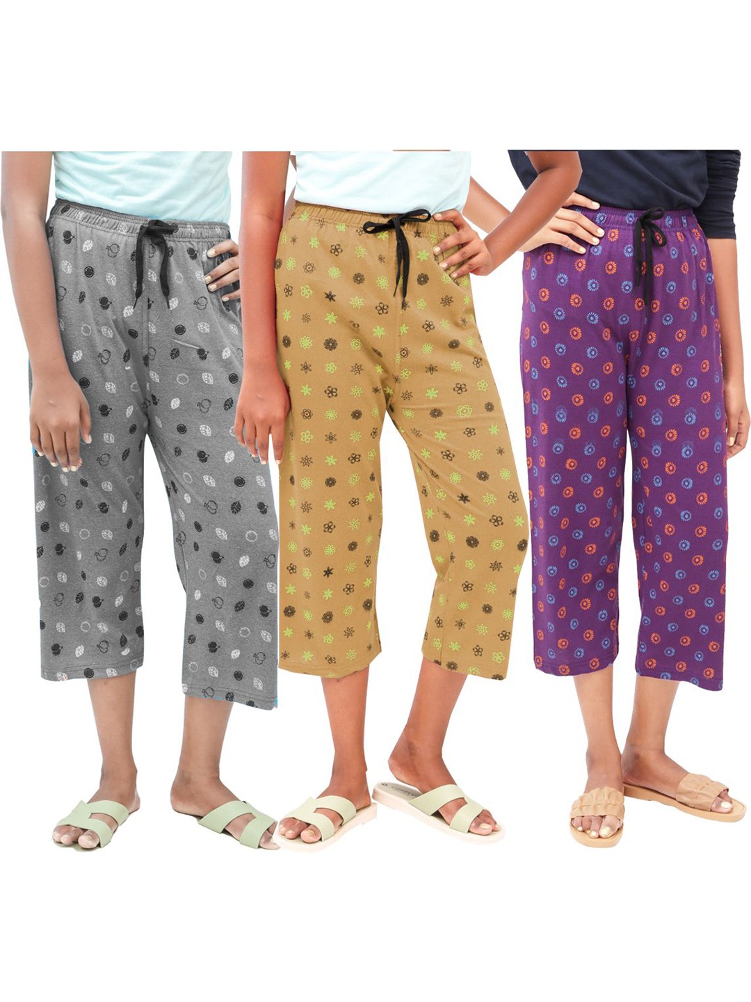 

AFRA GARMENTS Women Pack of 3 Cotton Capris, Grey melange