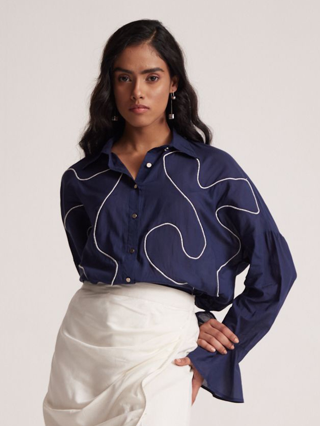 

Western Era Print Cotton Blouson Top, Navy blue