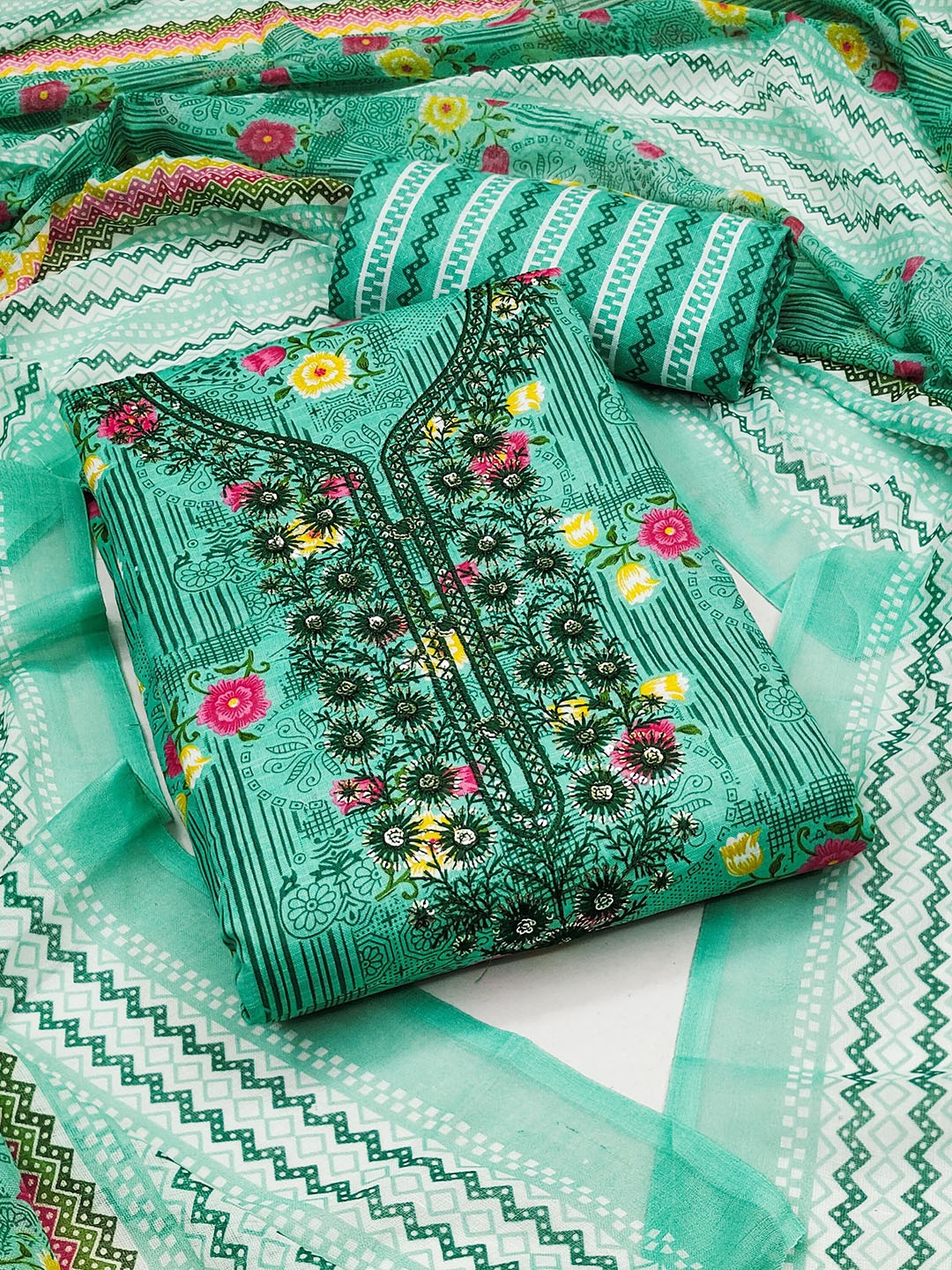 

SAINOOR Floral Printed Sequinned Pure Cotton Unstitched Dress Material, Green