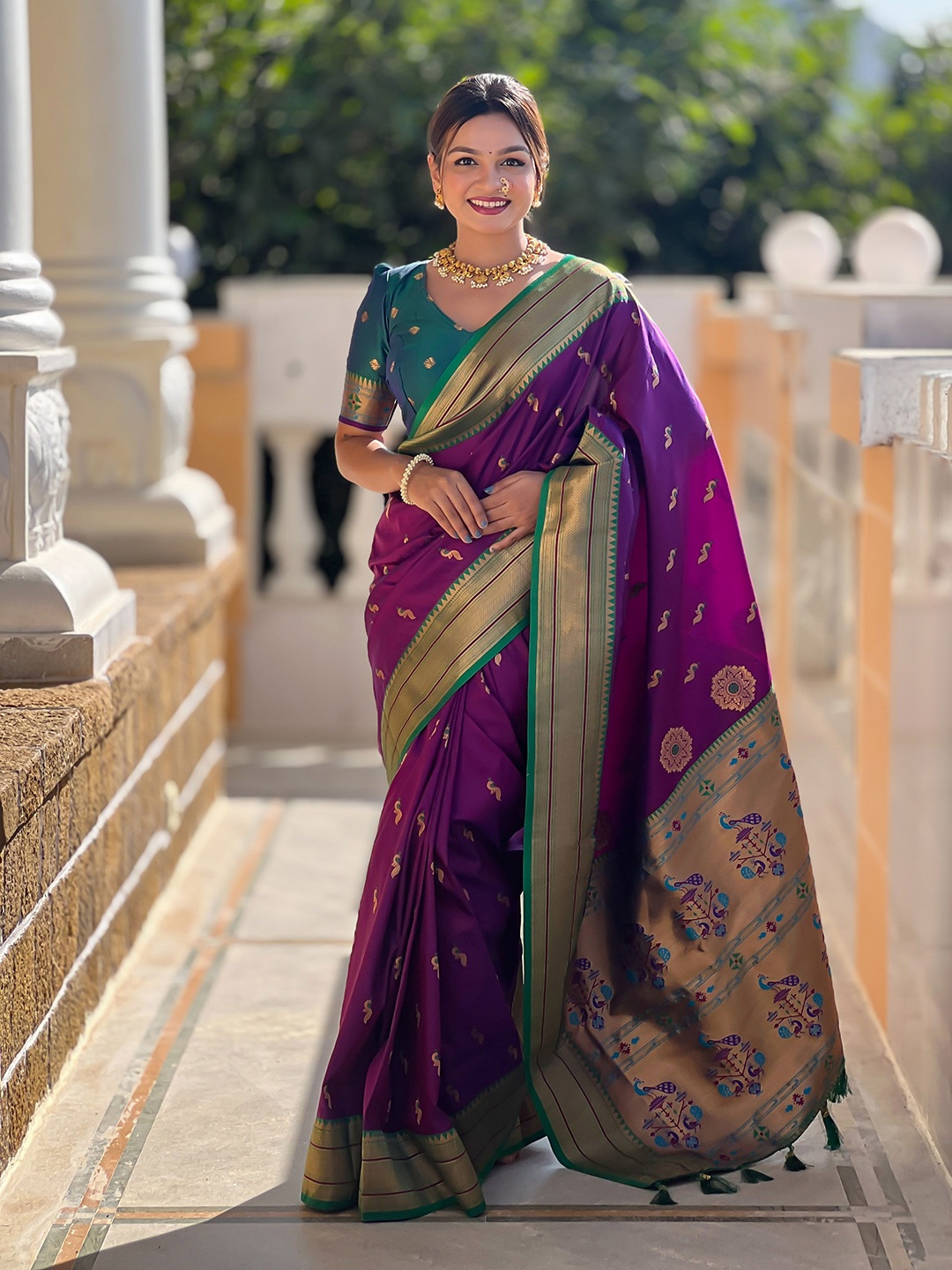

Divyadham Textiles Woven Design Zari Pure Silk Paithani Saree, Purple