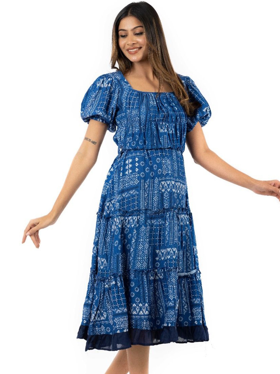 

KUNDAN FAB Ethnic Motifs Print Puff Sleeves Ruffles Tiered Fit & Flare Dress, Blue