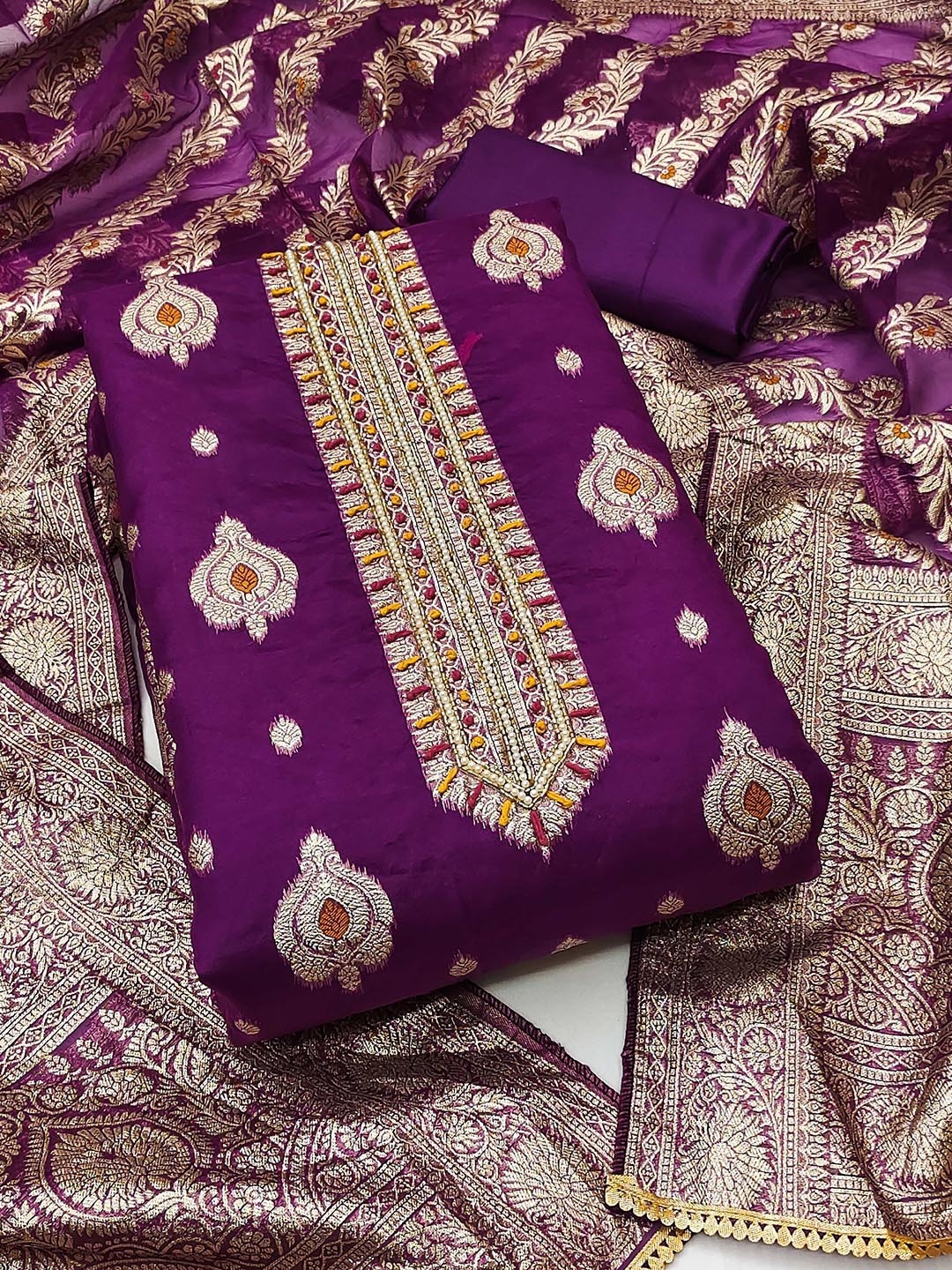 

SAINOOR Ethnic Motifs Woven Design Embroidered Unstitched Dress Material, Purple