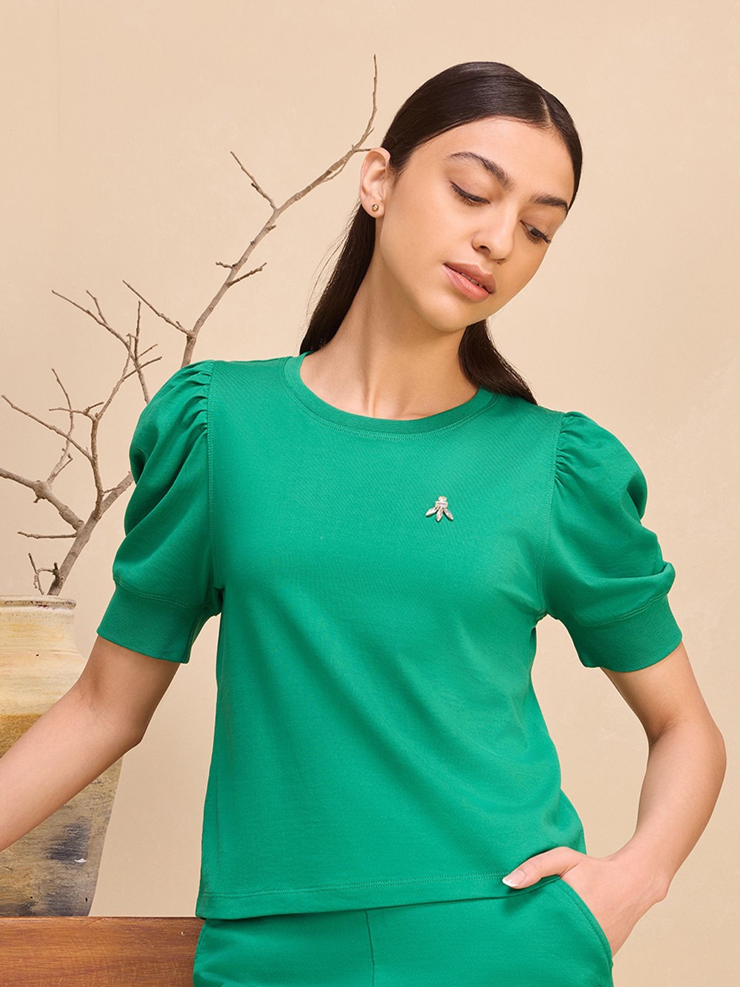 

ALONGE Women Puff Sleeve Cotton A-Line Top, Green