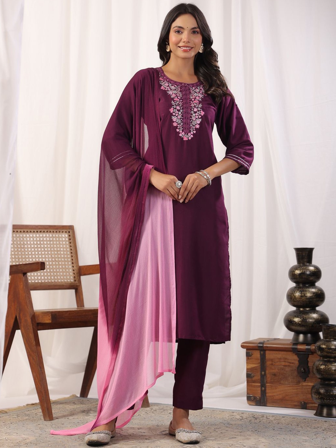 

KALINI Floral Embroidered Thread Work Round Neck Straight Kurta With Trousers & Dupatta, Purple