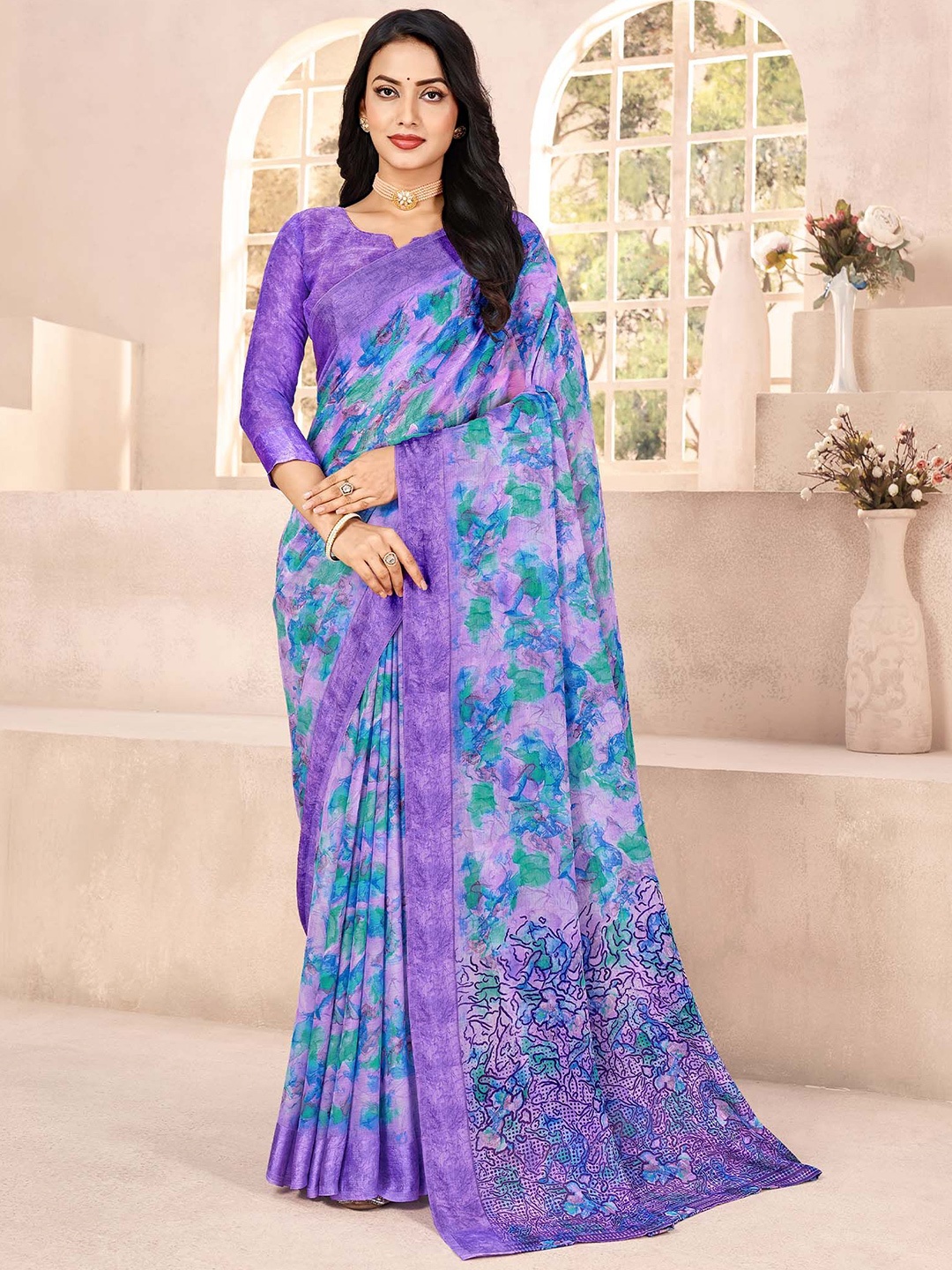 

Mitera Floral Printed Bagru Saree With Unstitched Blouse Piece, Purple