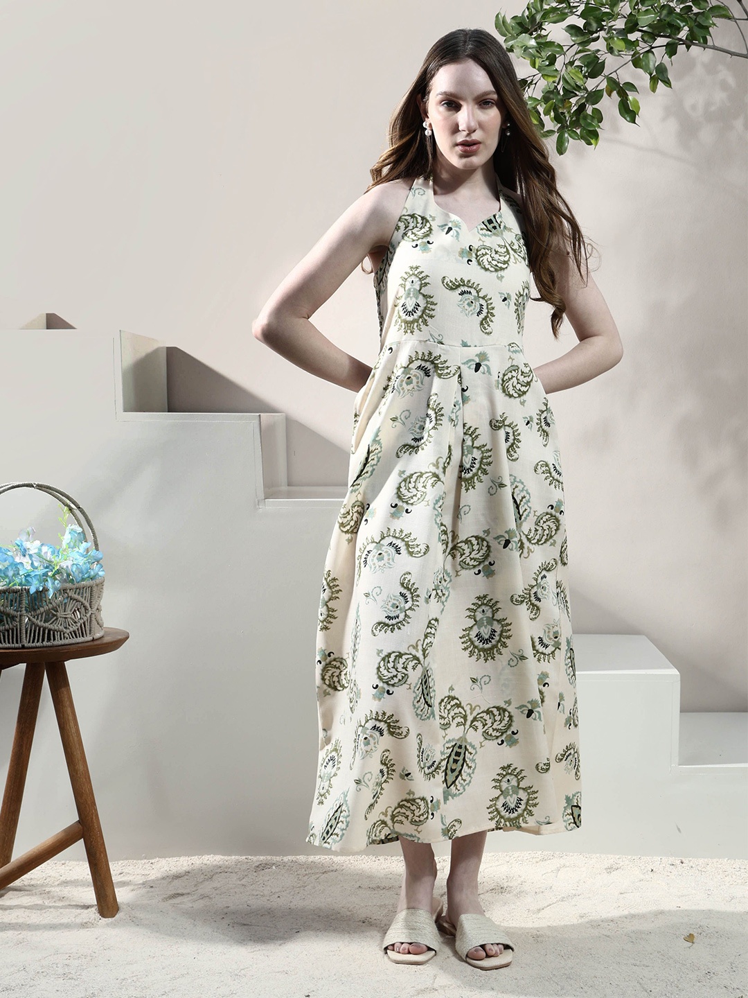 

Boho By Athena Women Printed Halter Neck Linen Maxi Dress, Beige