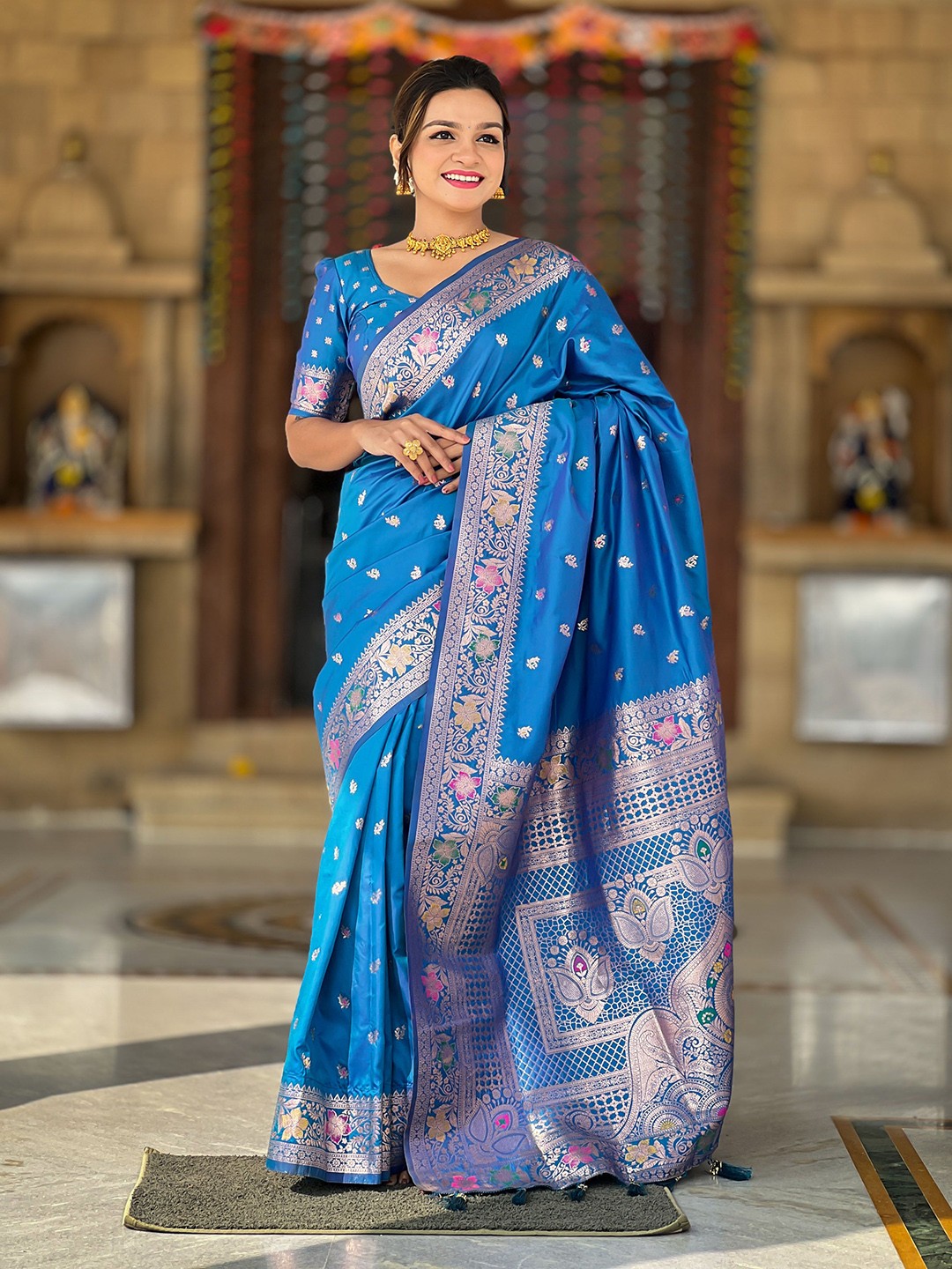 

Divyadham Textiles Woven Design Zari Pure Silk Banarasi Saree, Blue