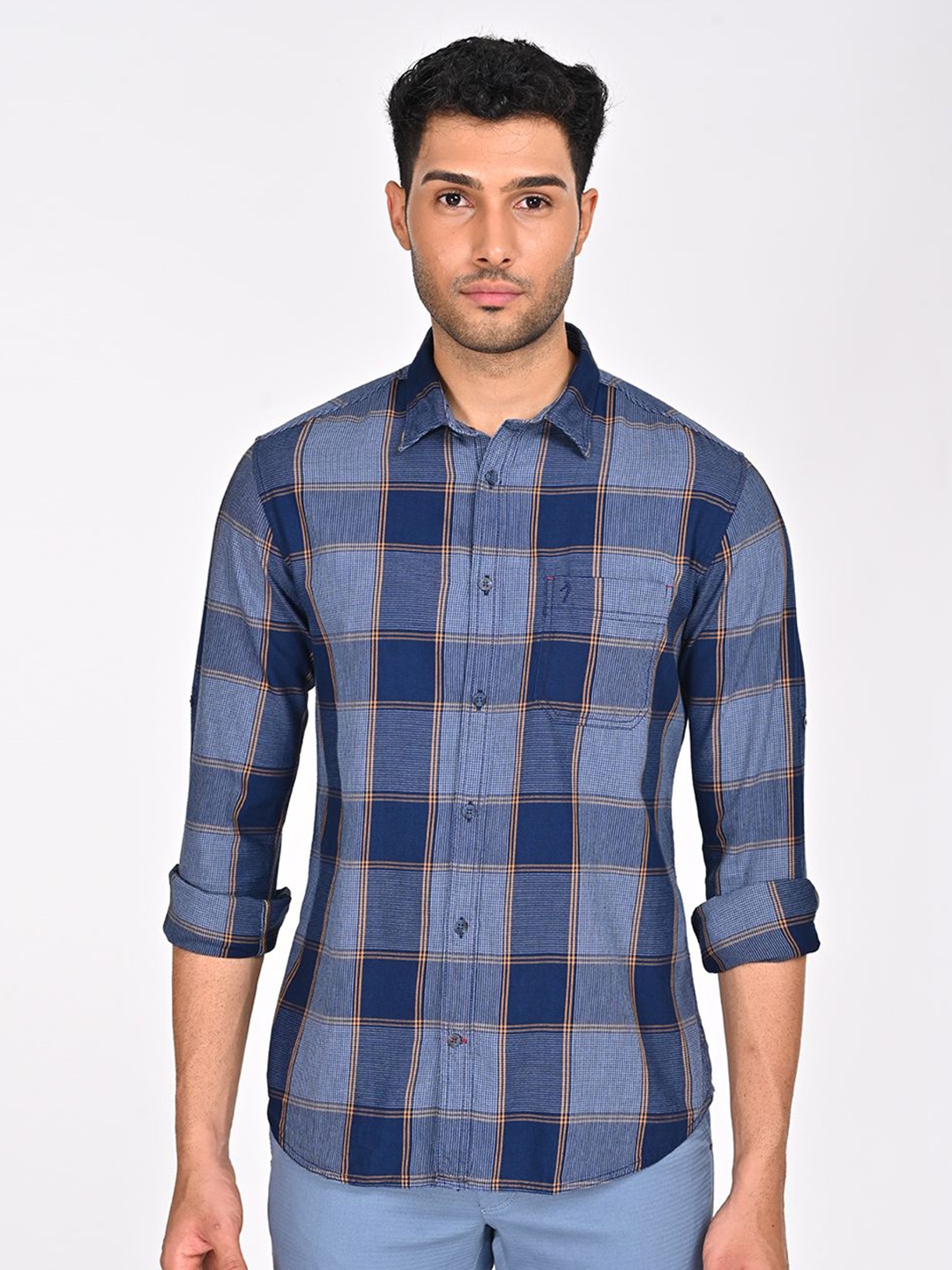 

Indian Terrain Men Classic Slim Fit Opaque Checked Casual Shirt, Orange