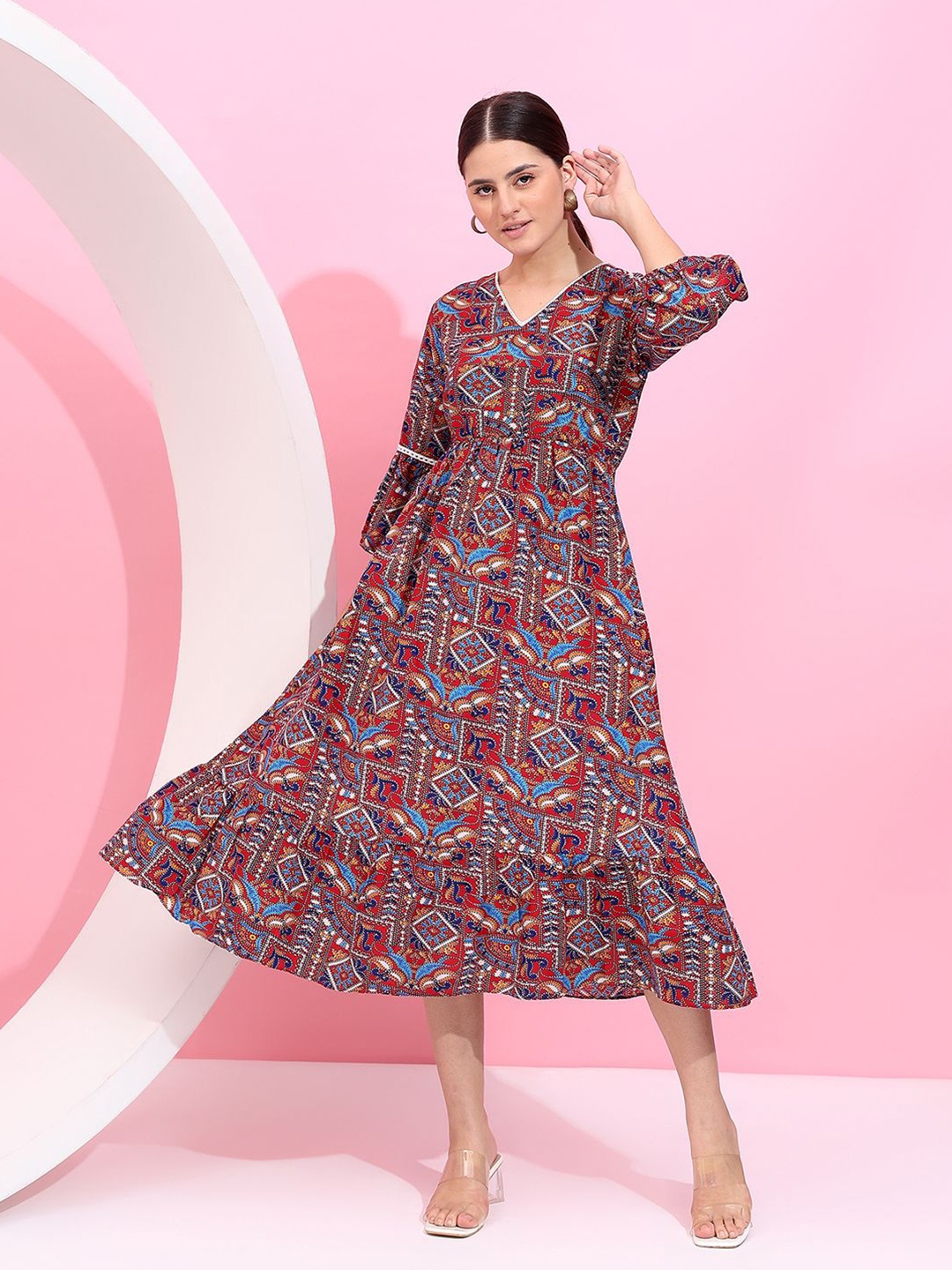 

Fbella Women Printed Puff Sleeves A-Line Dress, Maroon