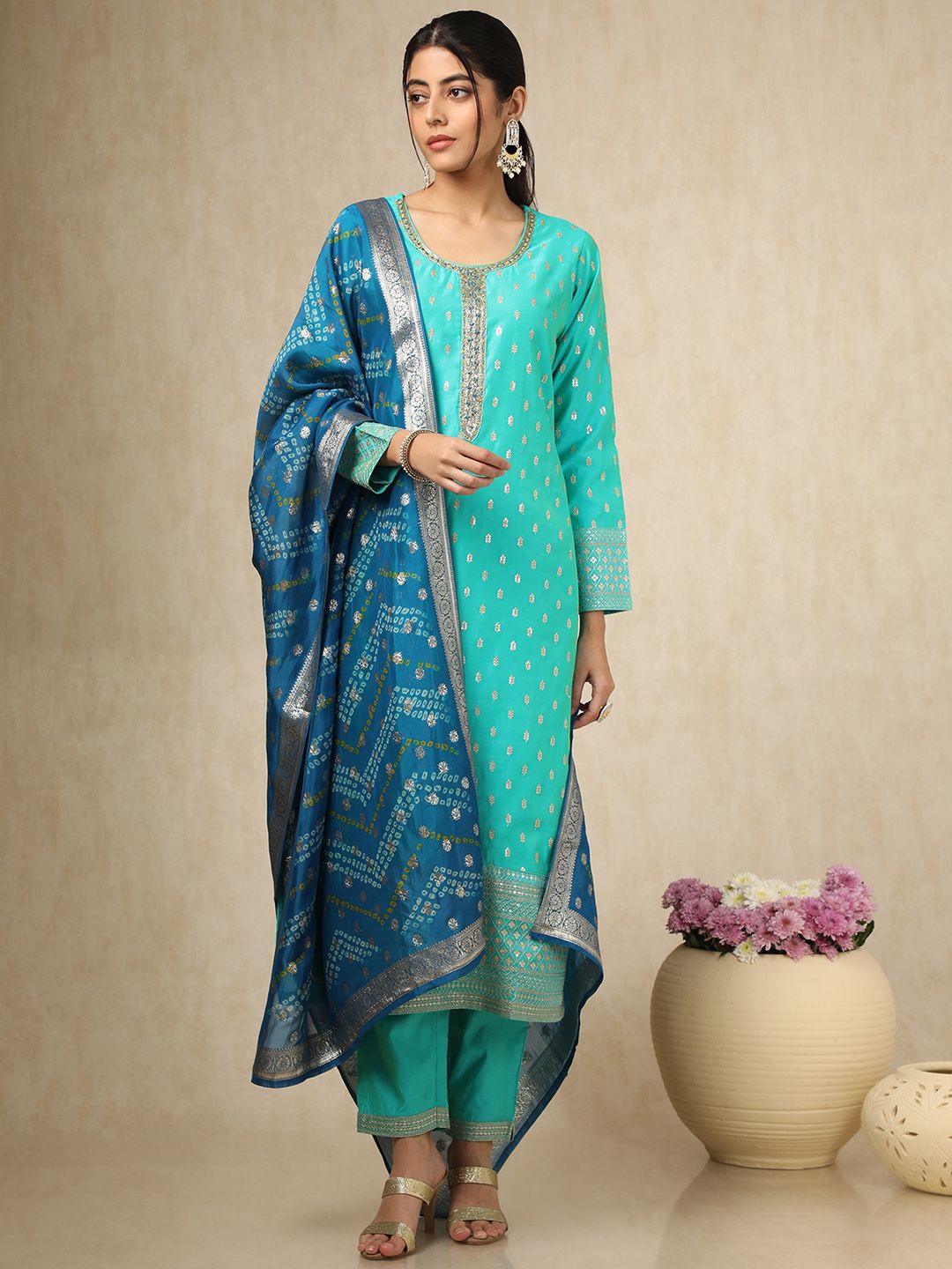 

Soch Floral Embroidered Scoop Neck Sequinned Chanderi Cotton Kurta With Trousers & Dupatta, Turquoise blue