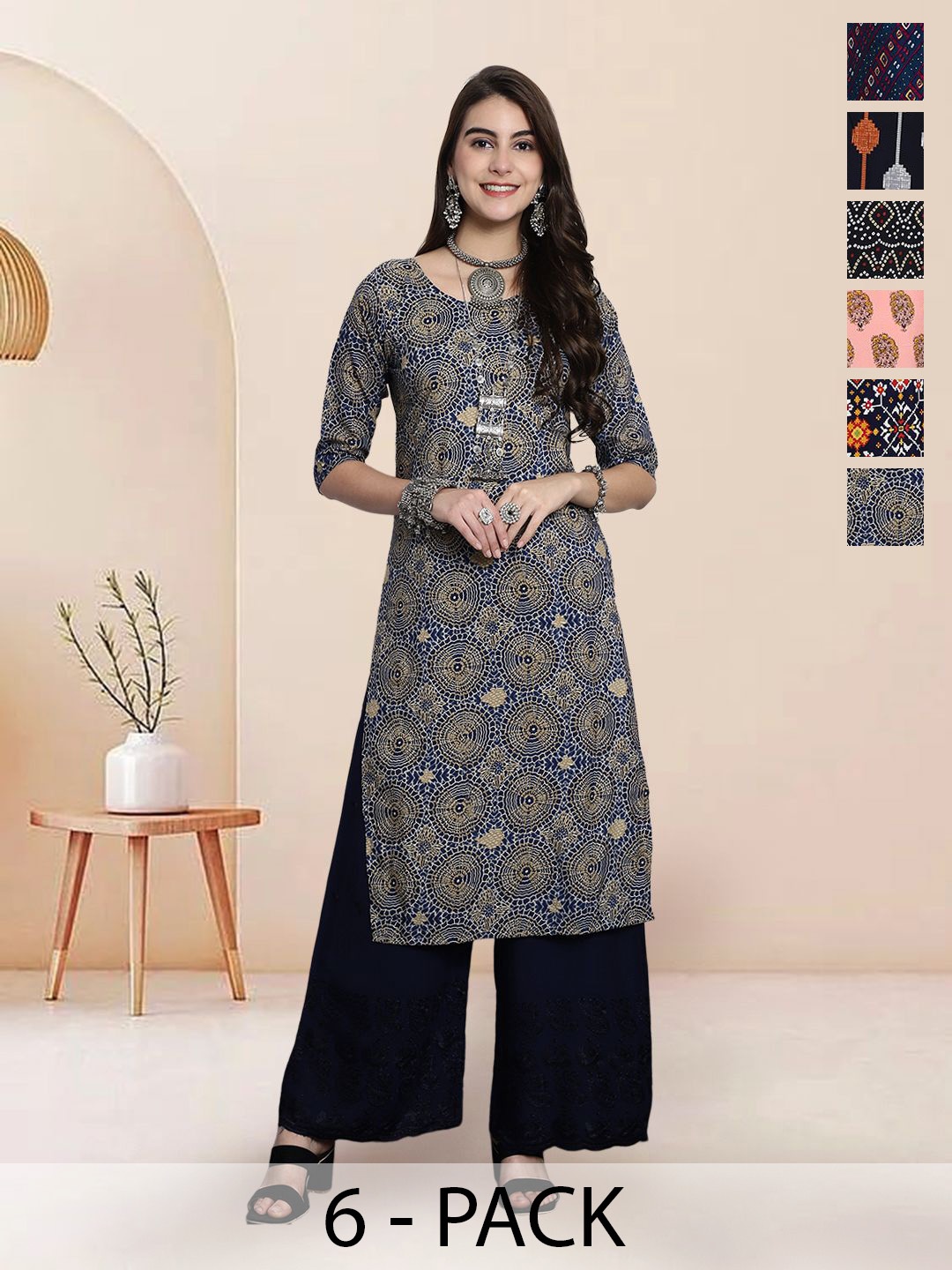 

7Threads Selection Of 6 Floral Printed Round Neck Straight Kurtas, Blue