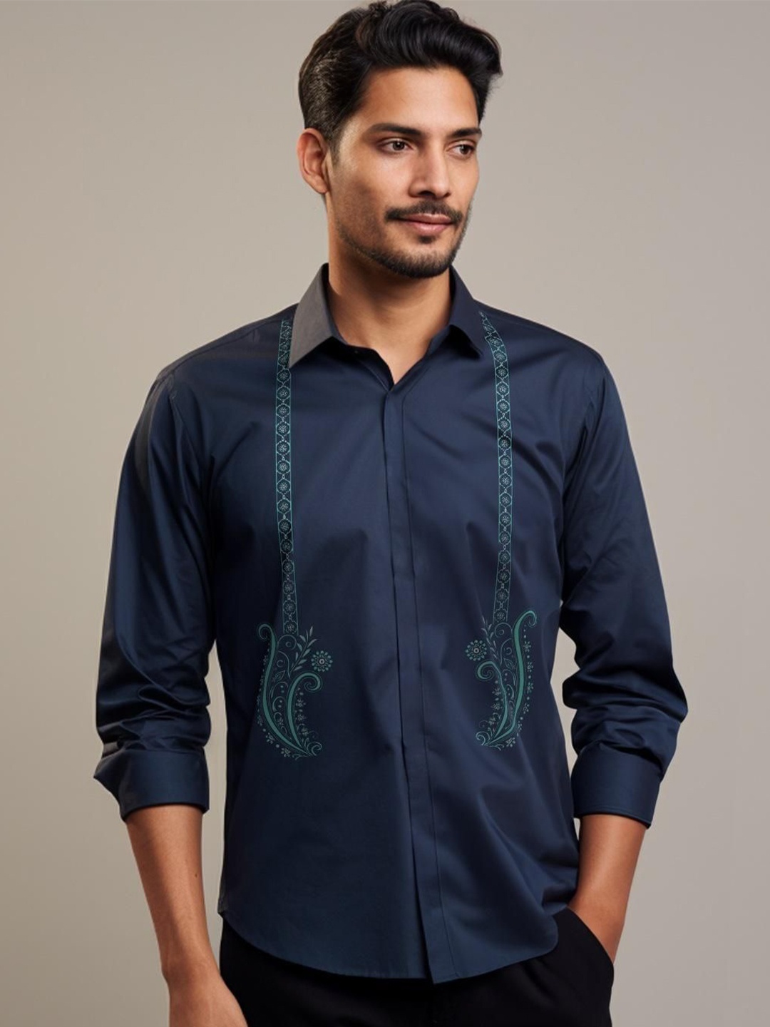

HE SPOKE Men Smart Tailored Fit Opaque Printed Casual Shirt, Navy blue