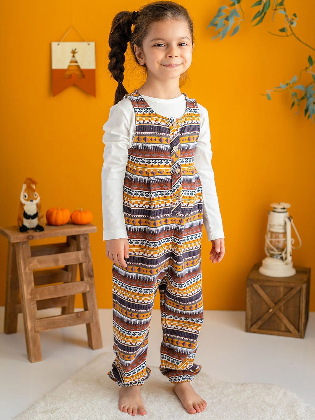 

YK Girls Printed Cotton Jumpsuit With T-Shirt, Brown