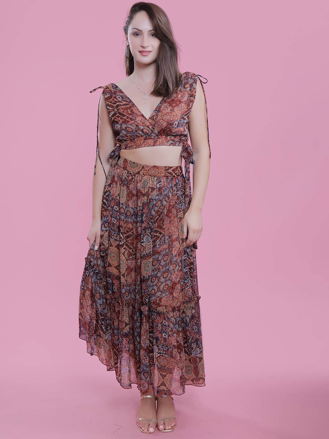 

French Theory Printed Gathered Skirt, Brown