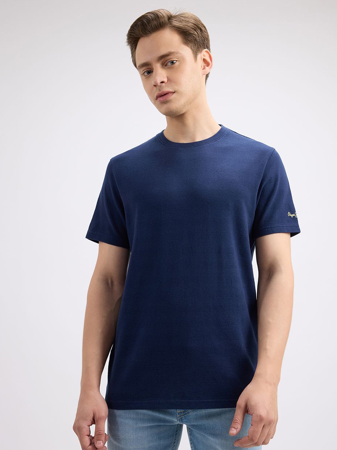 

Pepe Jeans Men Striped Pure Cotton Pockets Slim Fit T-shirt, Blue