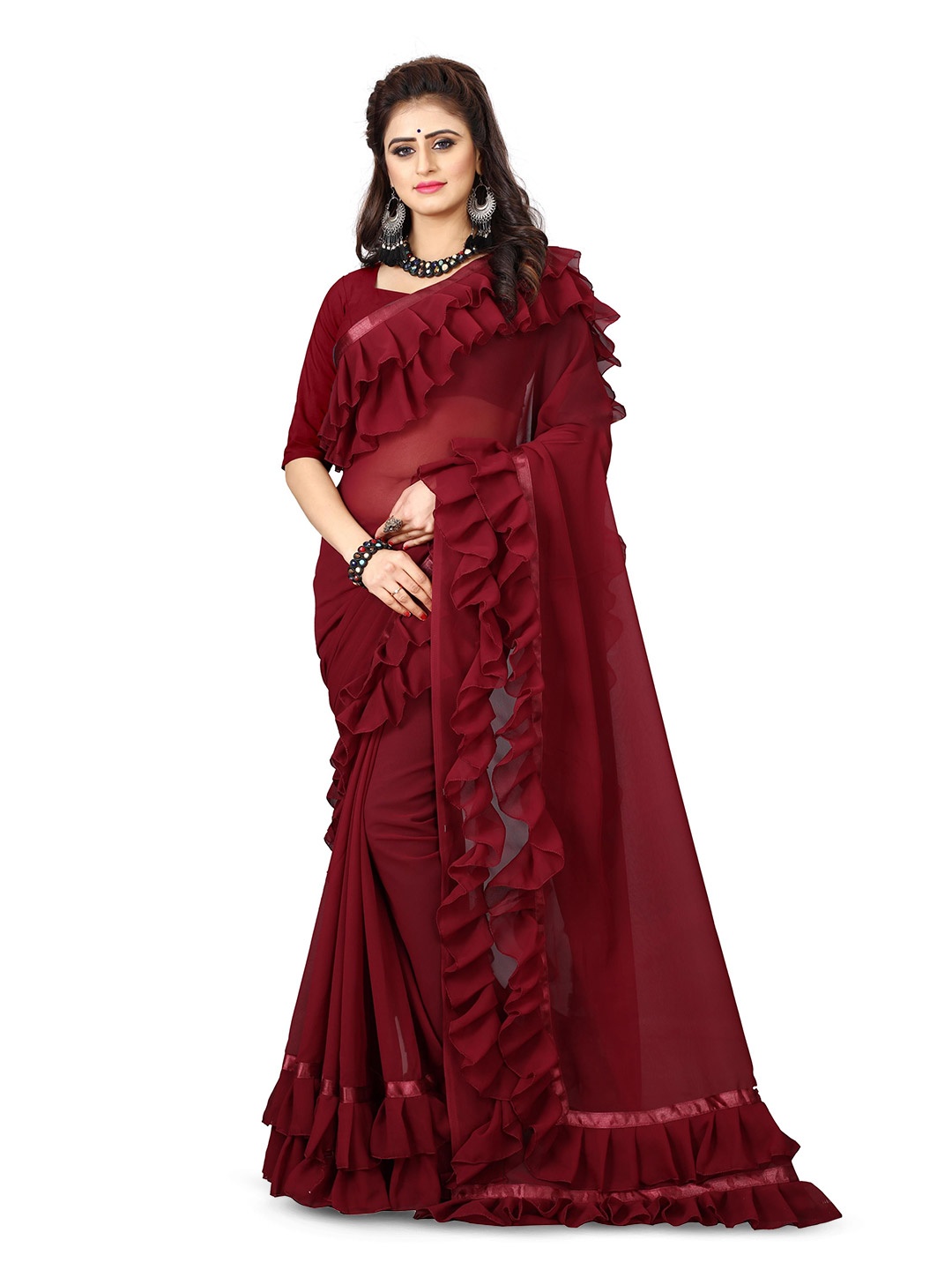 

AMK FASHION Women Ruffles Saree With Unstitched Blouse Piece, Maroon