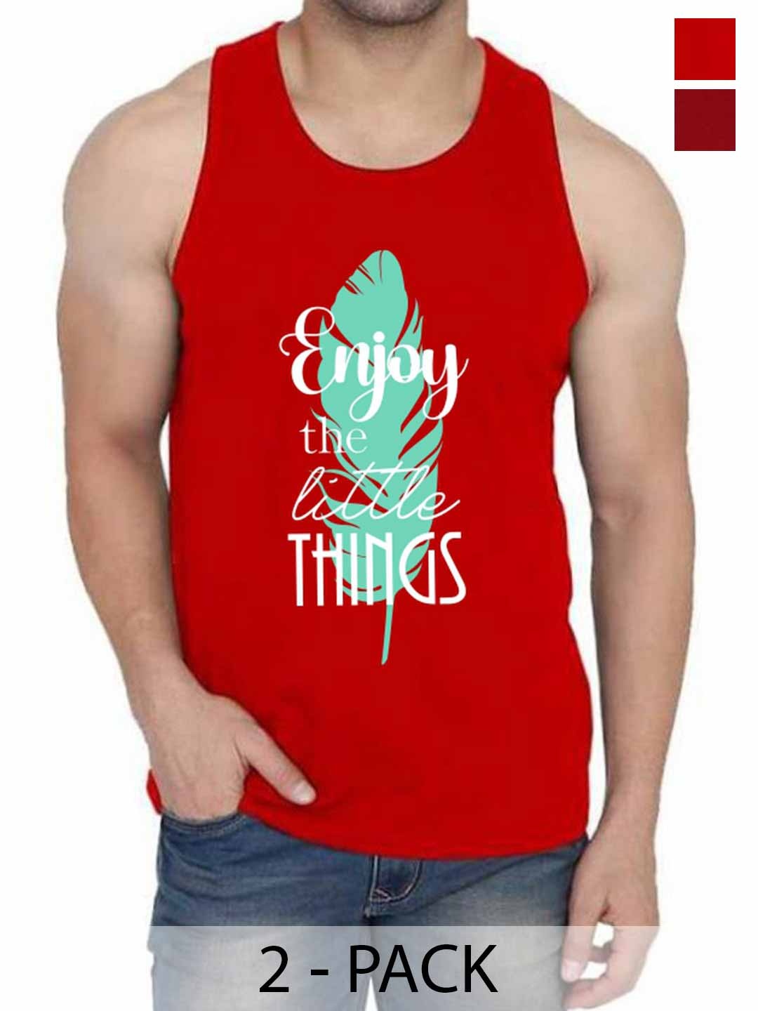 

WOOSTRO Pack Of 2 Cotton Printed Gym Vests, Red