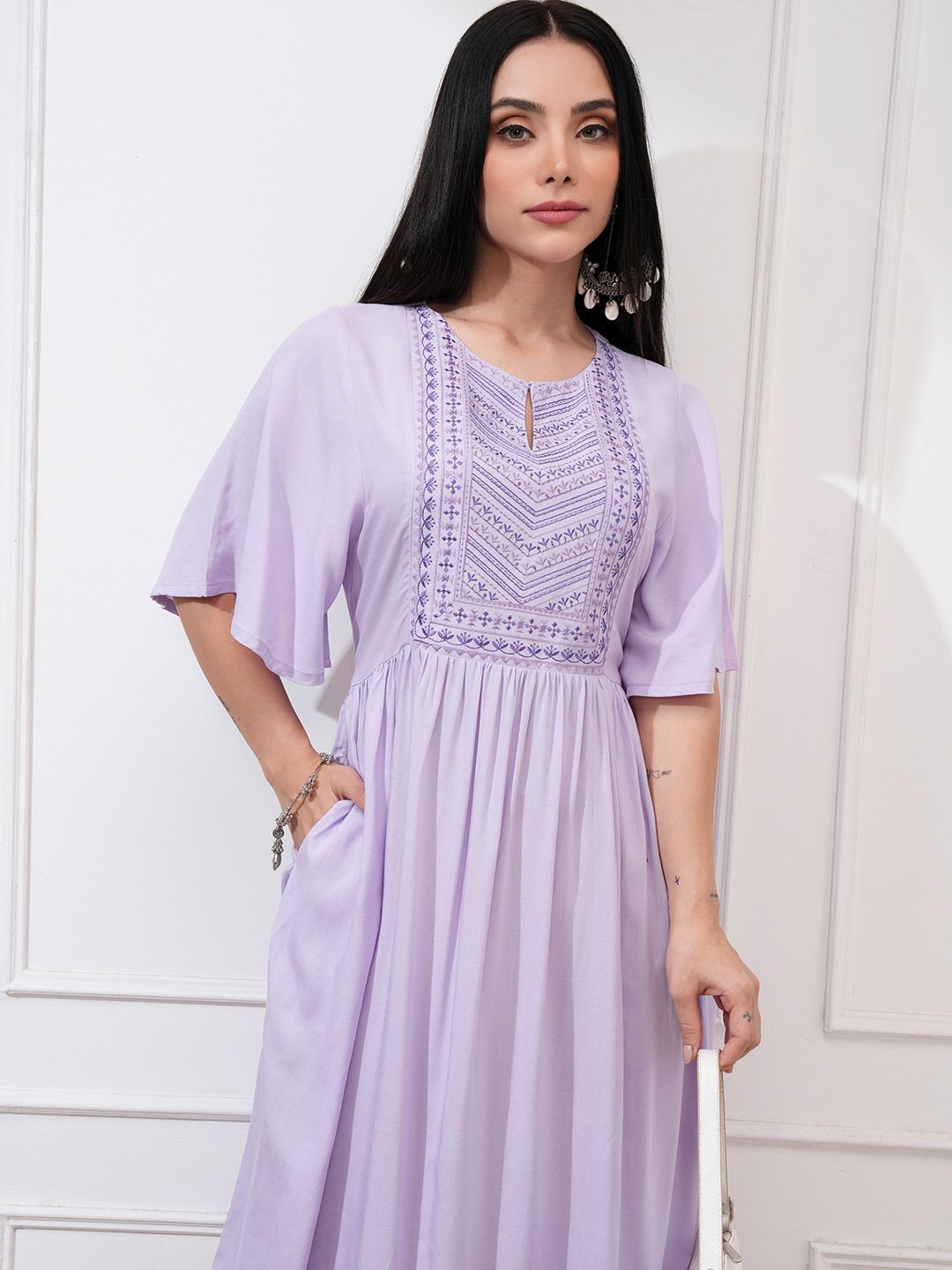 

Vishudh Women Calf Length Elbow Length Flutter Sleeve Dress, Lavender