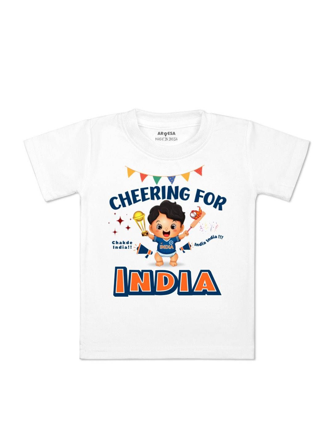 

Arvesa Kids Cheering For India Printed Tshirt, White