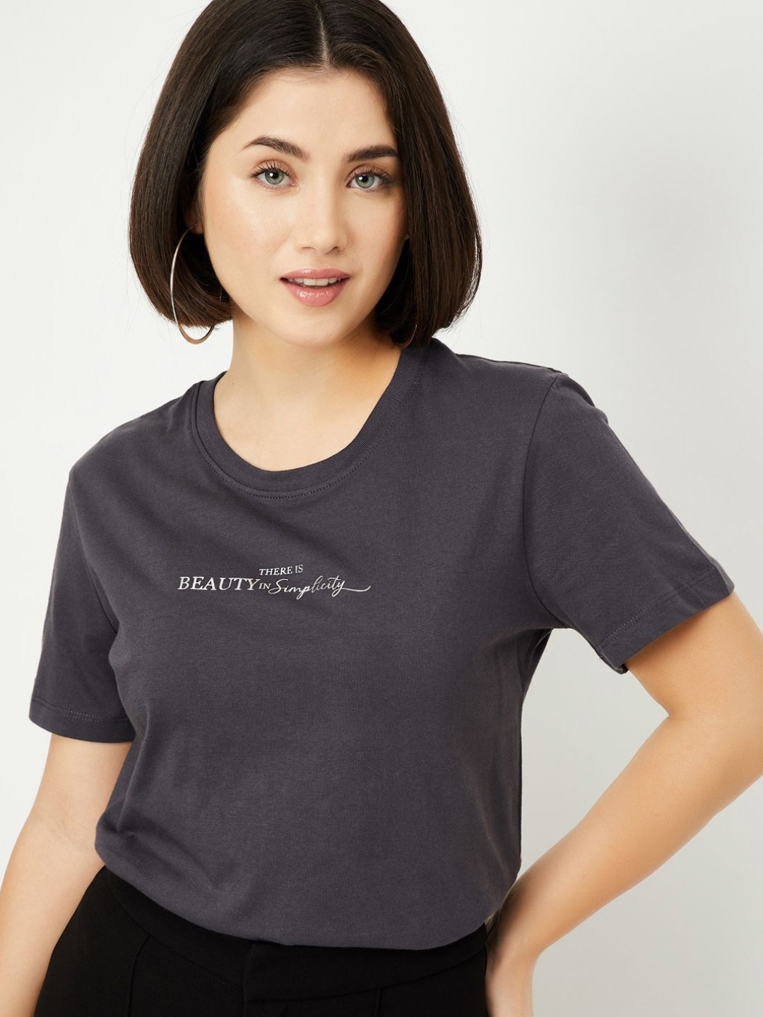 

max Women Typography Printed Round Neck Cotton T-shirt, Grey