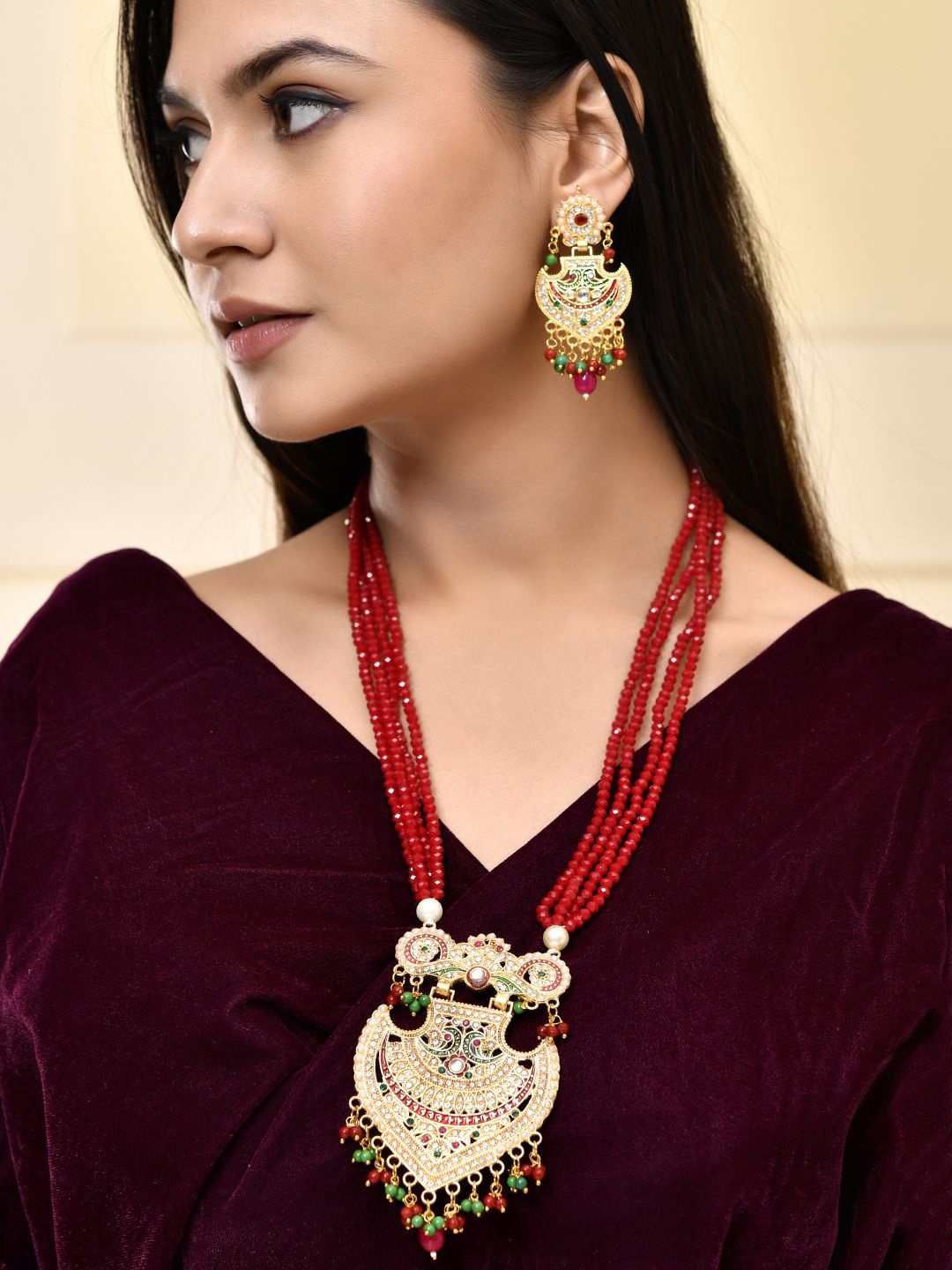 

Silvermerc Designs Gold-Plated Beaded Necklace Set Gold Pendant & Matching Earrings