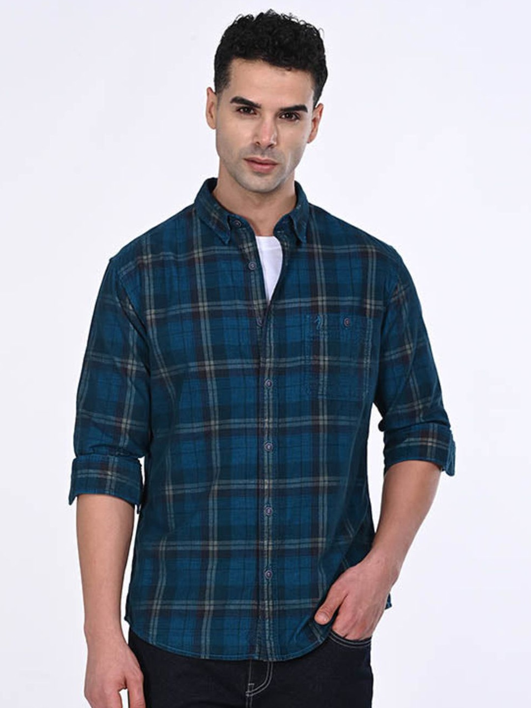 

Indian Terrain Men Classic Slim Fit Tartan Checks Opaque Checked Casual Shirt, Blue