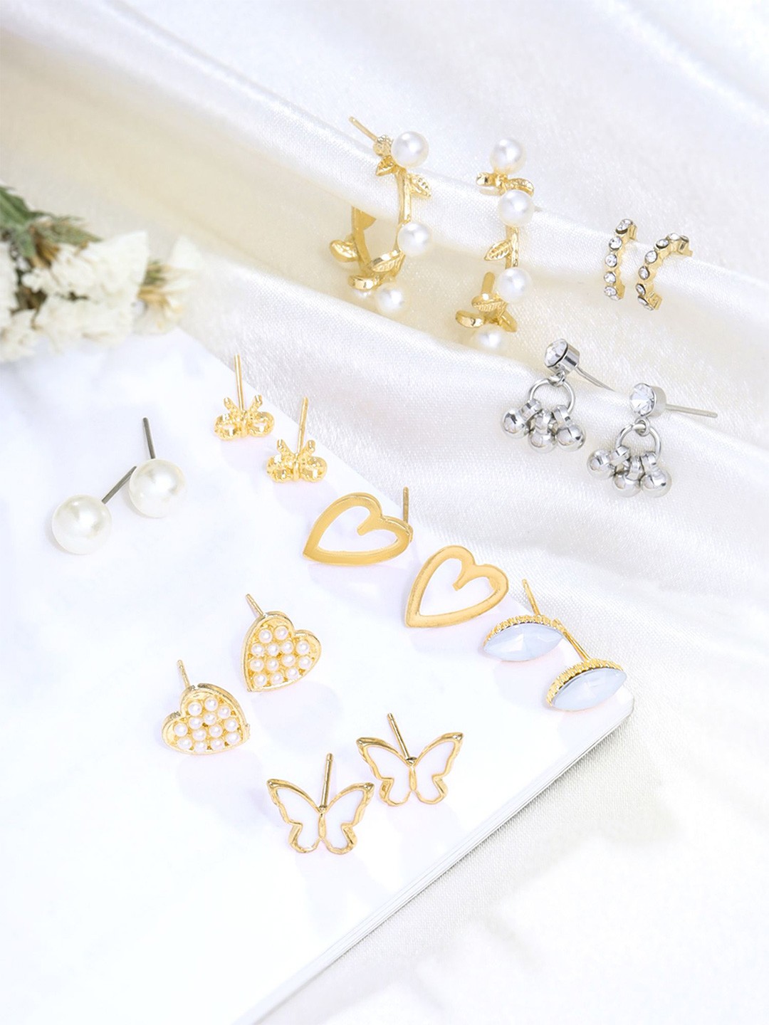 

Yellow Chimes Set Of 9 Gold-Plated Artificial Stones and Beads Heart Shaped Studs Earrings