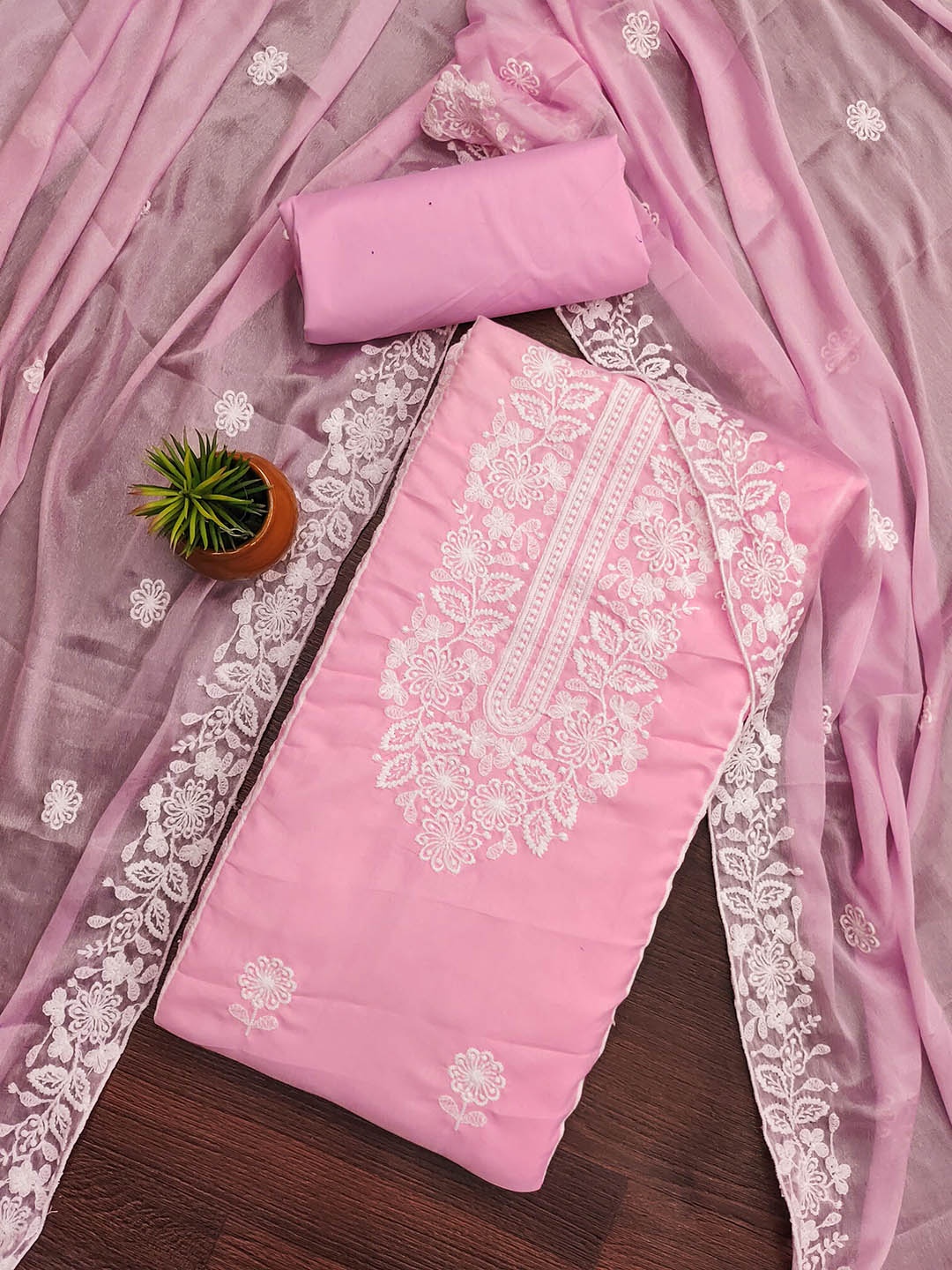 

SAINOOR Floral Embroidered Pure Cotton Unstitched Dress Material, Pink
