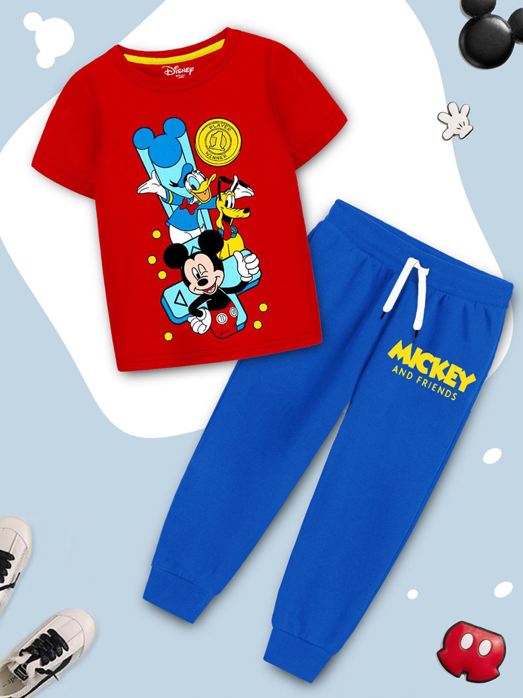 

YK Disney Boys Mickey & Friends Printed Round Neck T-Shirt With Jogger, Red