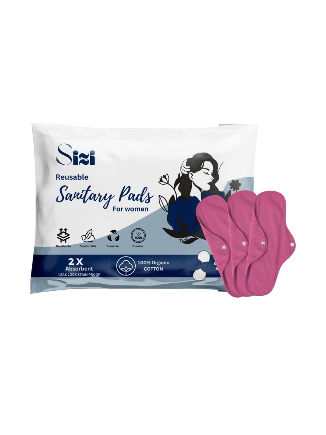 

Sizi Super Absorbent Washable & Reusable Eco-Friendly Sanitary Pads- 3 Pads- XL, Pink