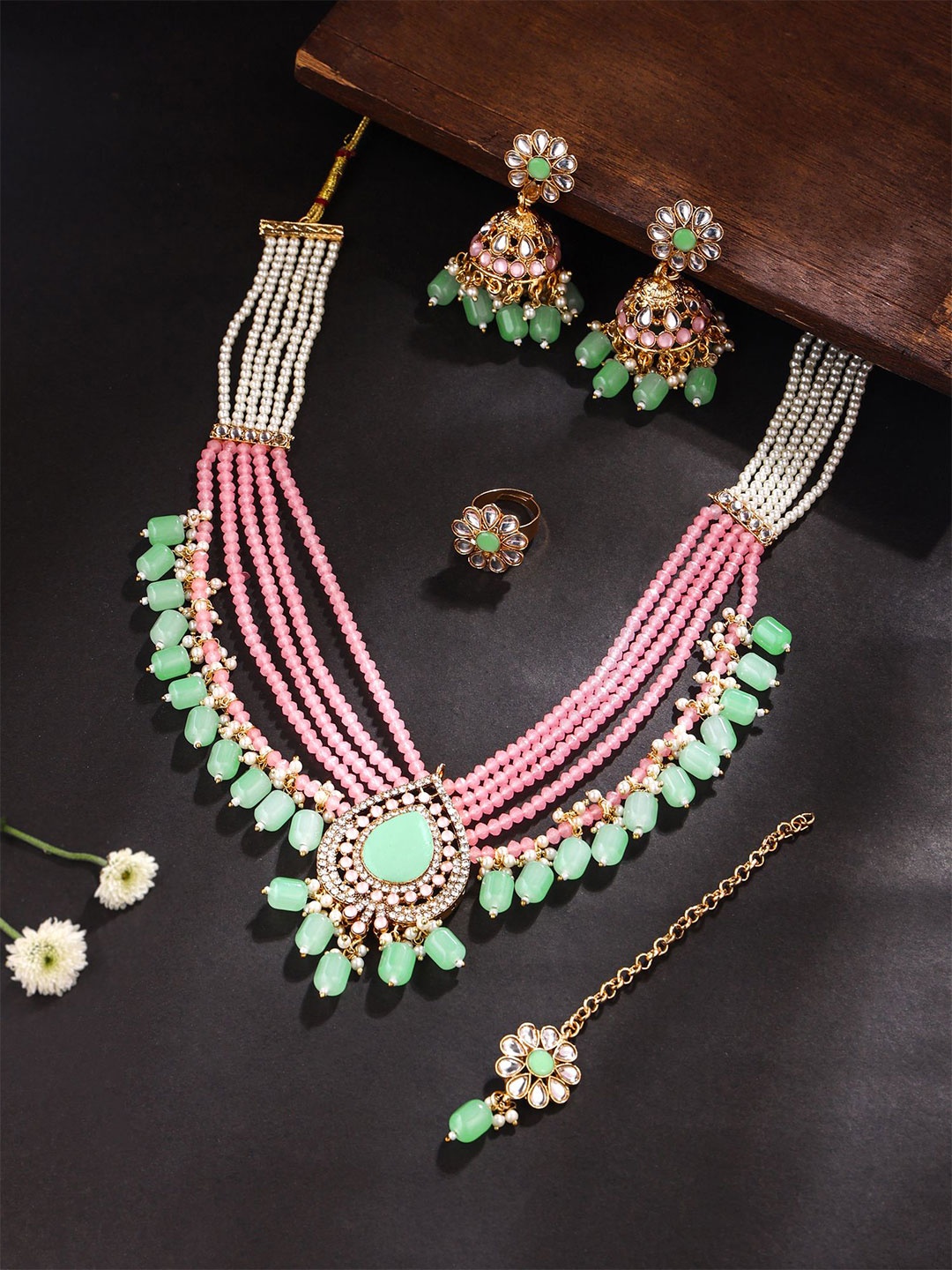 

Yellow Chimes Gold-Plated Stone-Studded & Beaded Multilayered Necklace Set