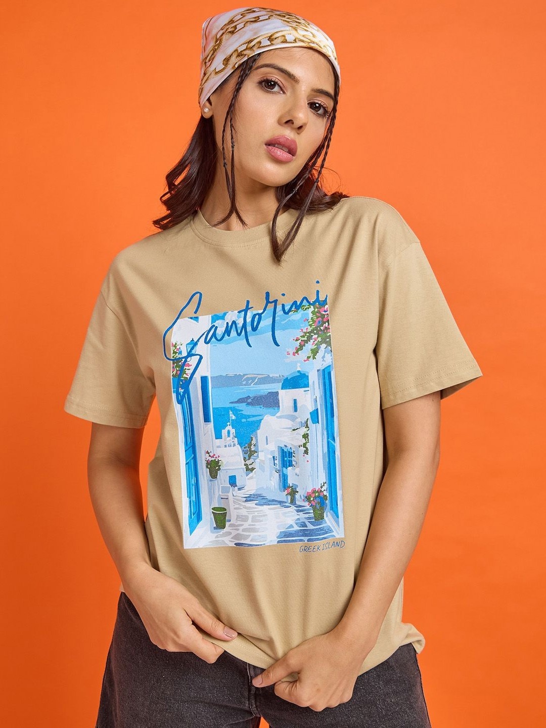 

Mast & Harbour Women Graphic Printed Round Neck Cotton Relaxed Fit T-shirt, Beige