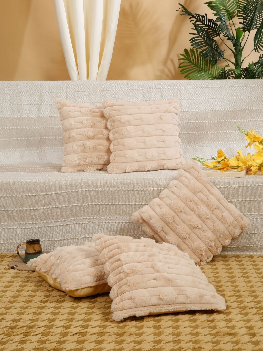 

HOSTA HOMES Peach 5 Pieces Textured Fur Square Cushion
