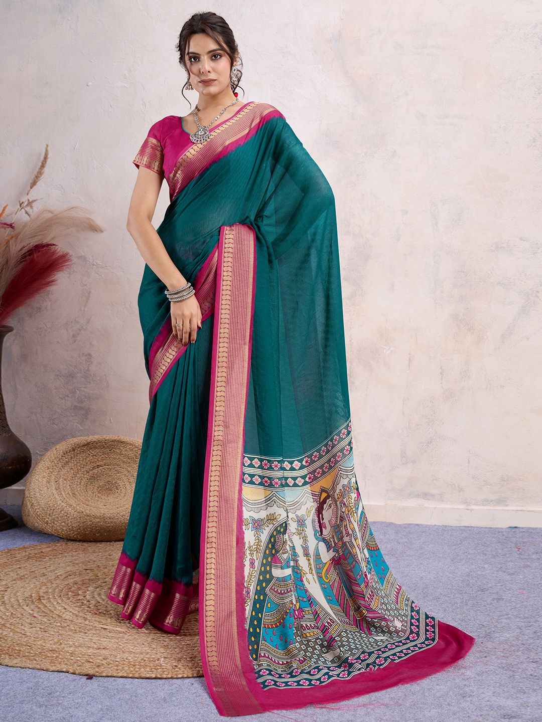 

DIVASTRI Solid Woven Design Saree, Teal