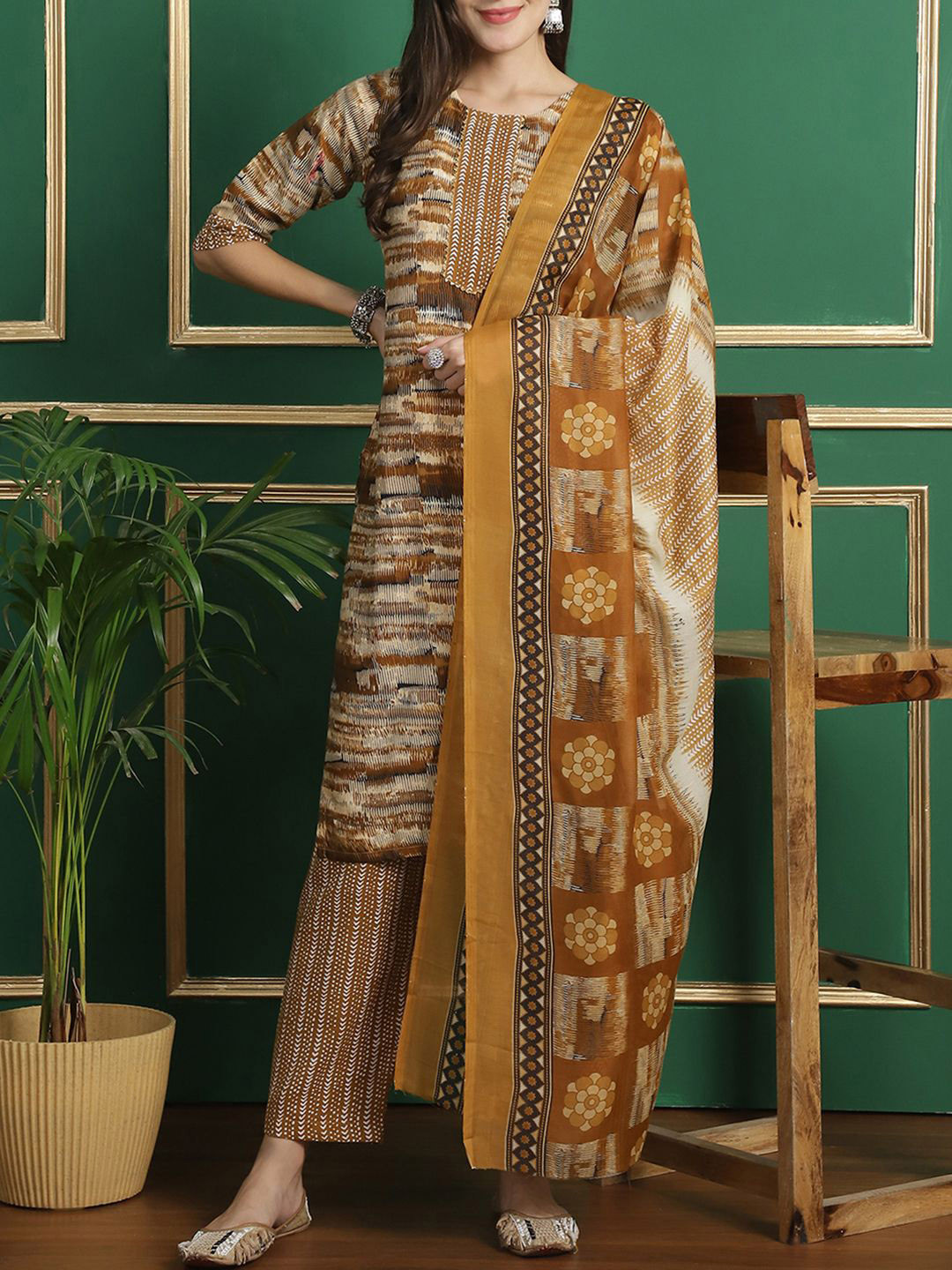

Moda Rapido Abstract Printed Straight Pure Cotton Kurta With Trousers And Dupatta, Coffee brown