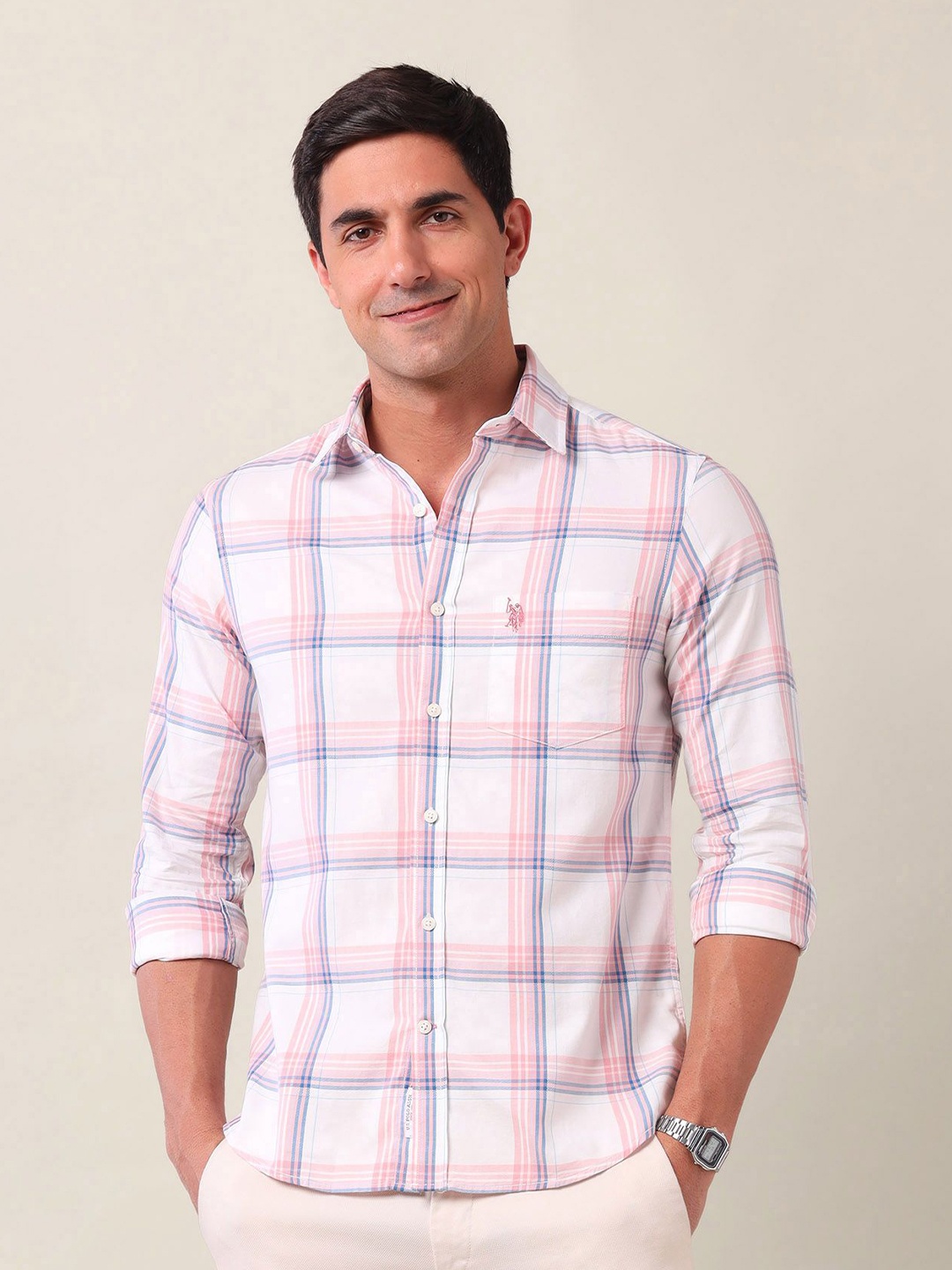 

U.S. Polo Assn. Men Tailored Fit Opaque Checked Casual Shirt, Pink