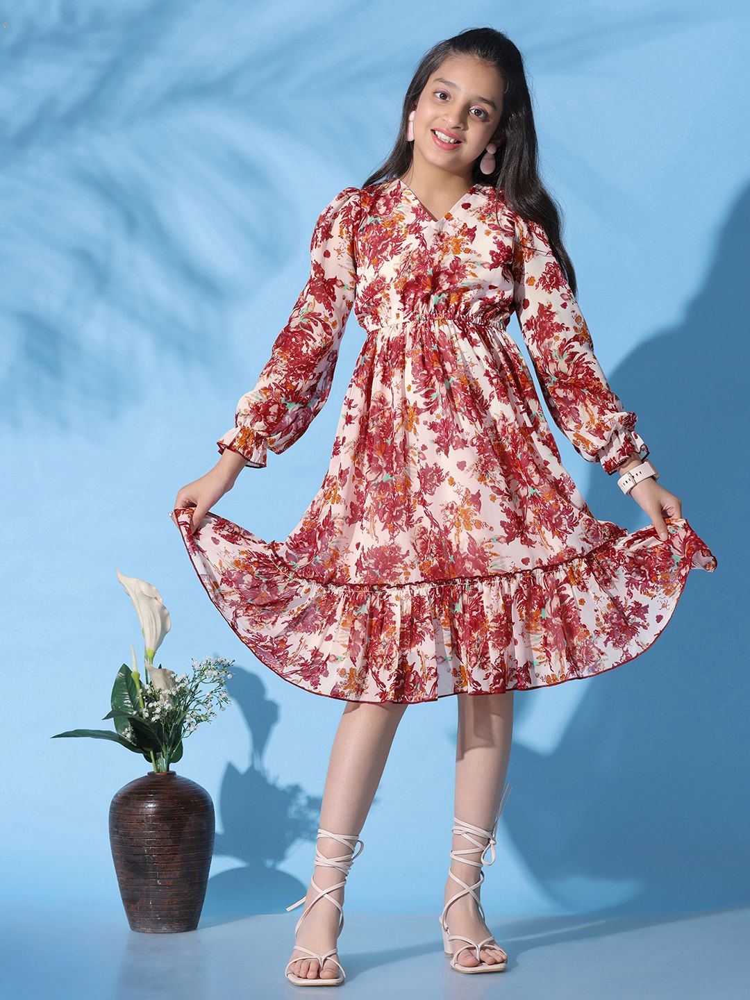 

YK Girls Floral Printed Georgette Fit & Flare Midi Dress, Off white
