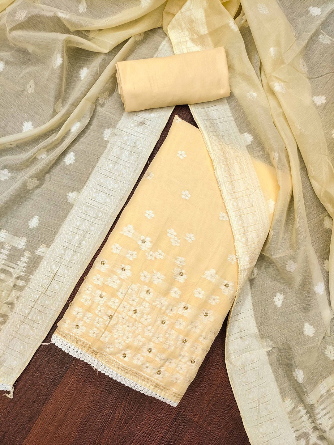 

SAINOOR Embroidered Beads And Stones Semi-Stitched Dress Material, Yellow