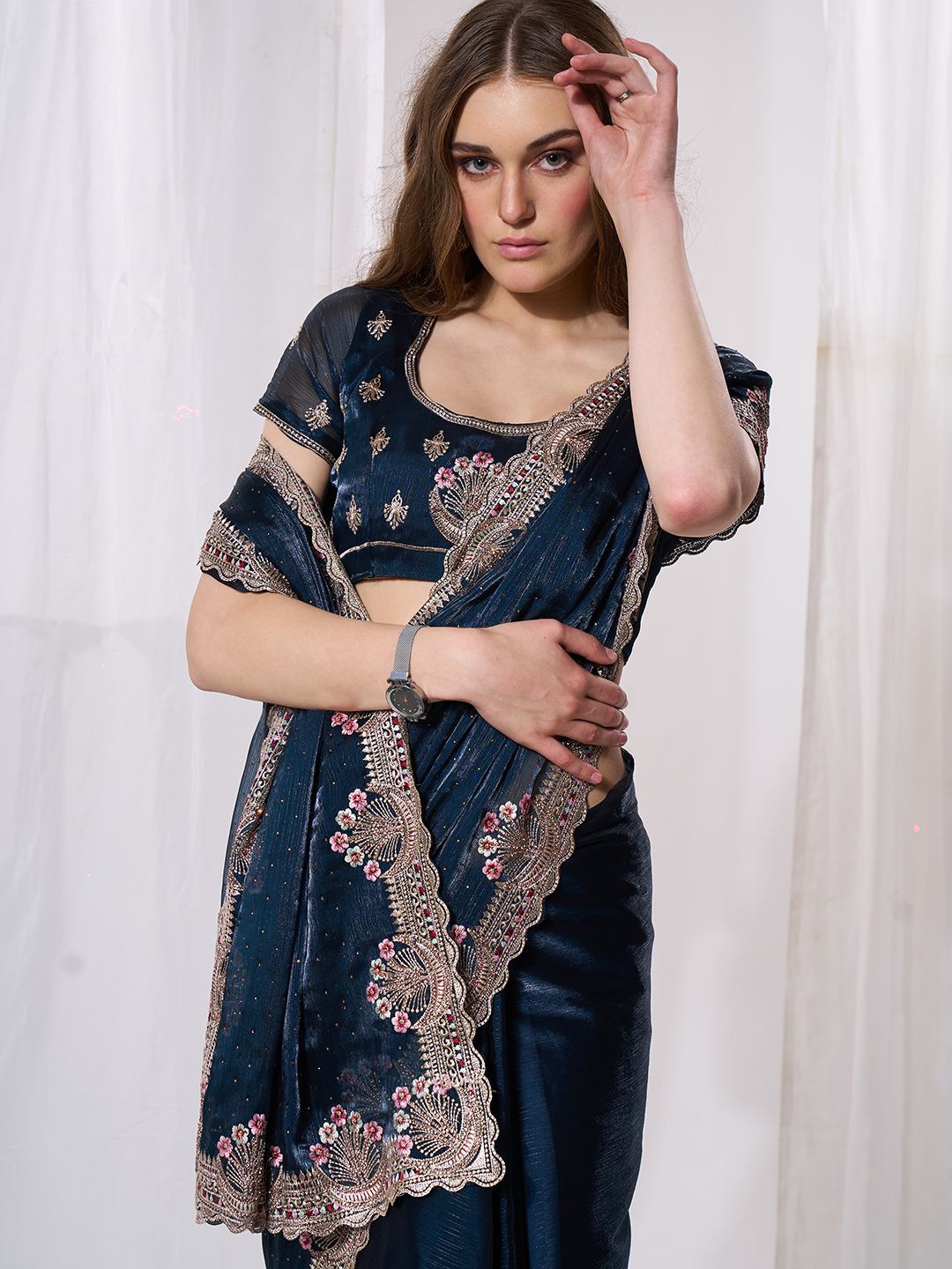 

Kalista Embellished Embroidered Organza Saree, Teal