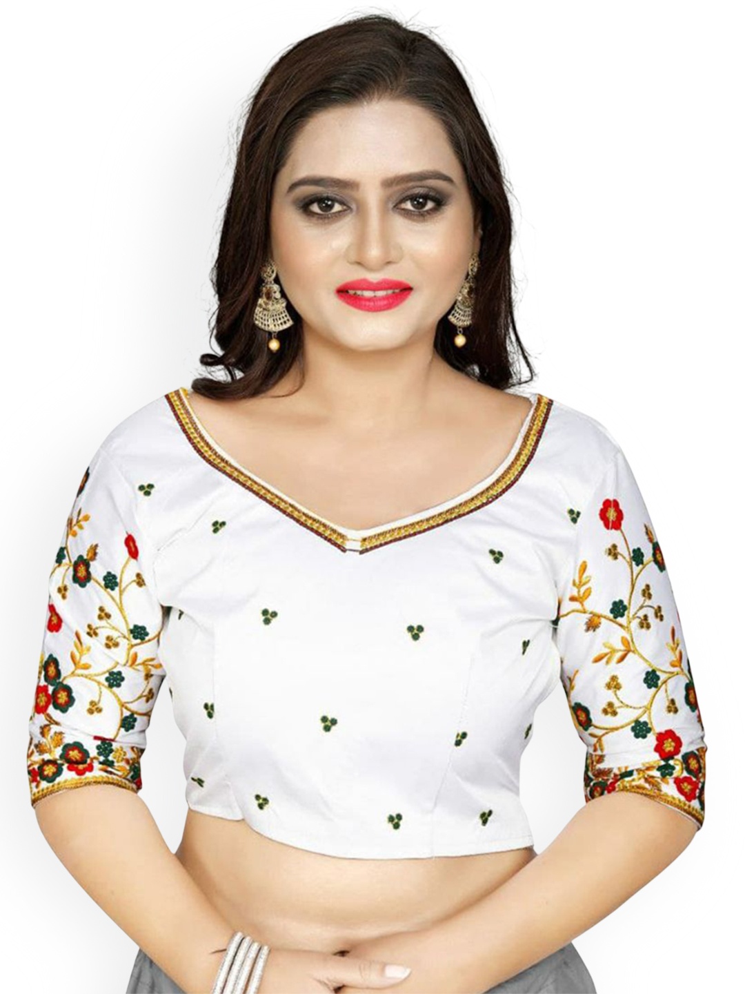 

SILKWEAR Embroidered Satin Silk V Neck Saree Blouse, White