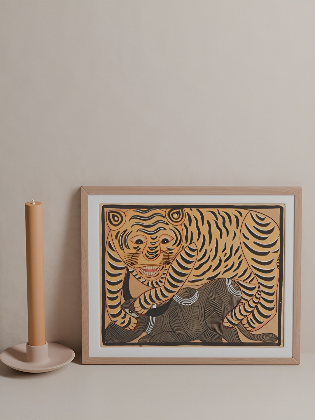 

Eyaas Yellow & Black Tiger Bengal Pattachitra Painting Birds & Animals Wall Art