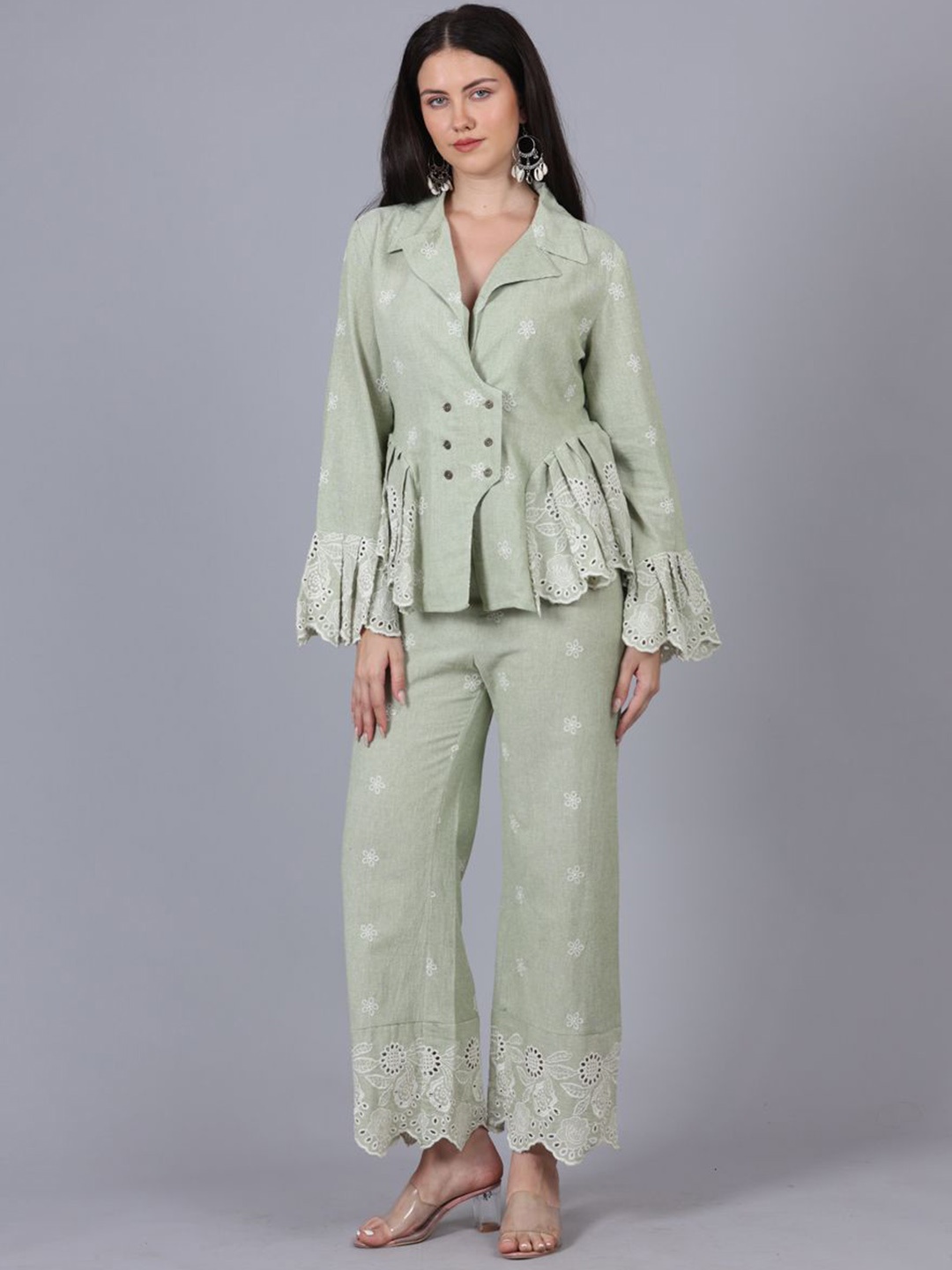 

POPPIES LANE Schiffli Pure Cotton Top With Trousers, Green