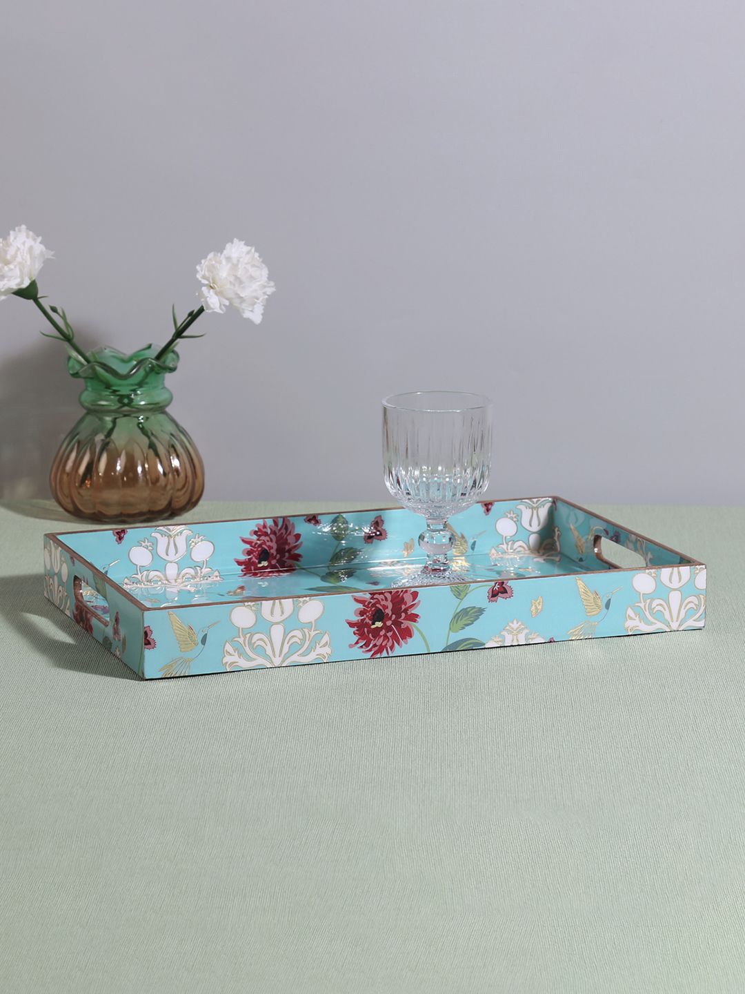 

India Circus by Krsnaa Mehta Zinnian Jazz Blue and Maroon Floral Printed Serving Tray