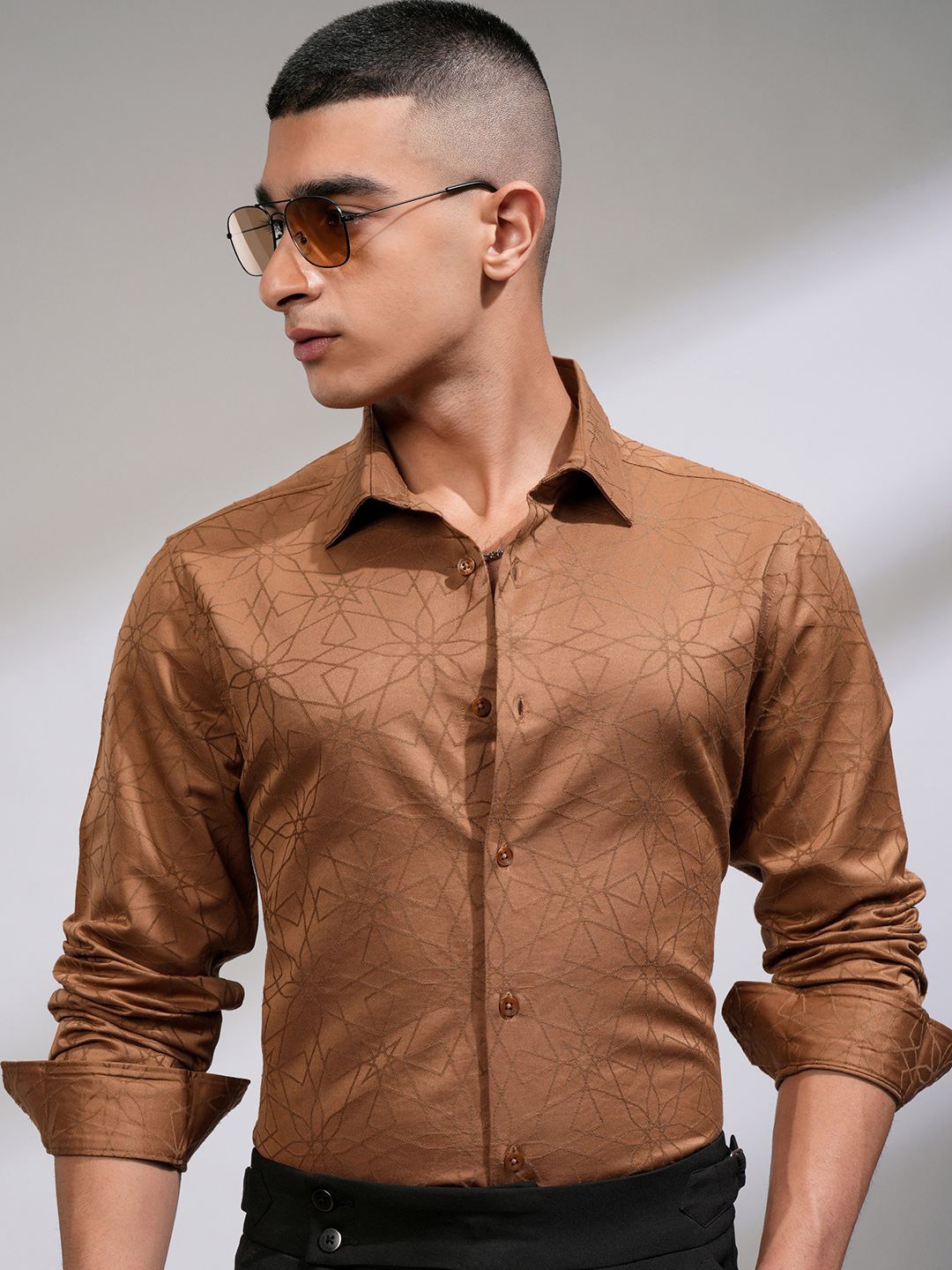 

HIGHLANDER Men Jacquard Textured Solid Evening Occasion Shirt, Rust
