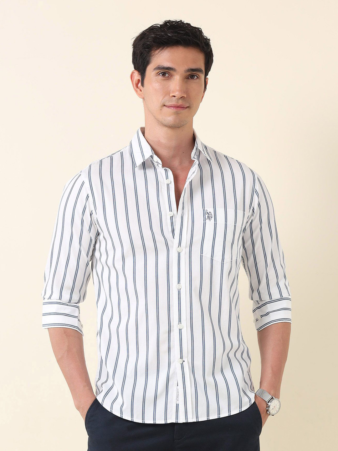 

U.S. Polo Assn. Men Tailored Fit Opaque Striped Casual Shirt, Blue