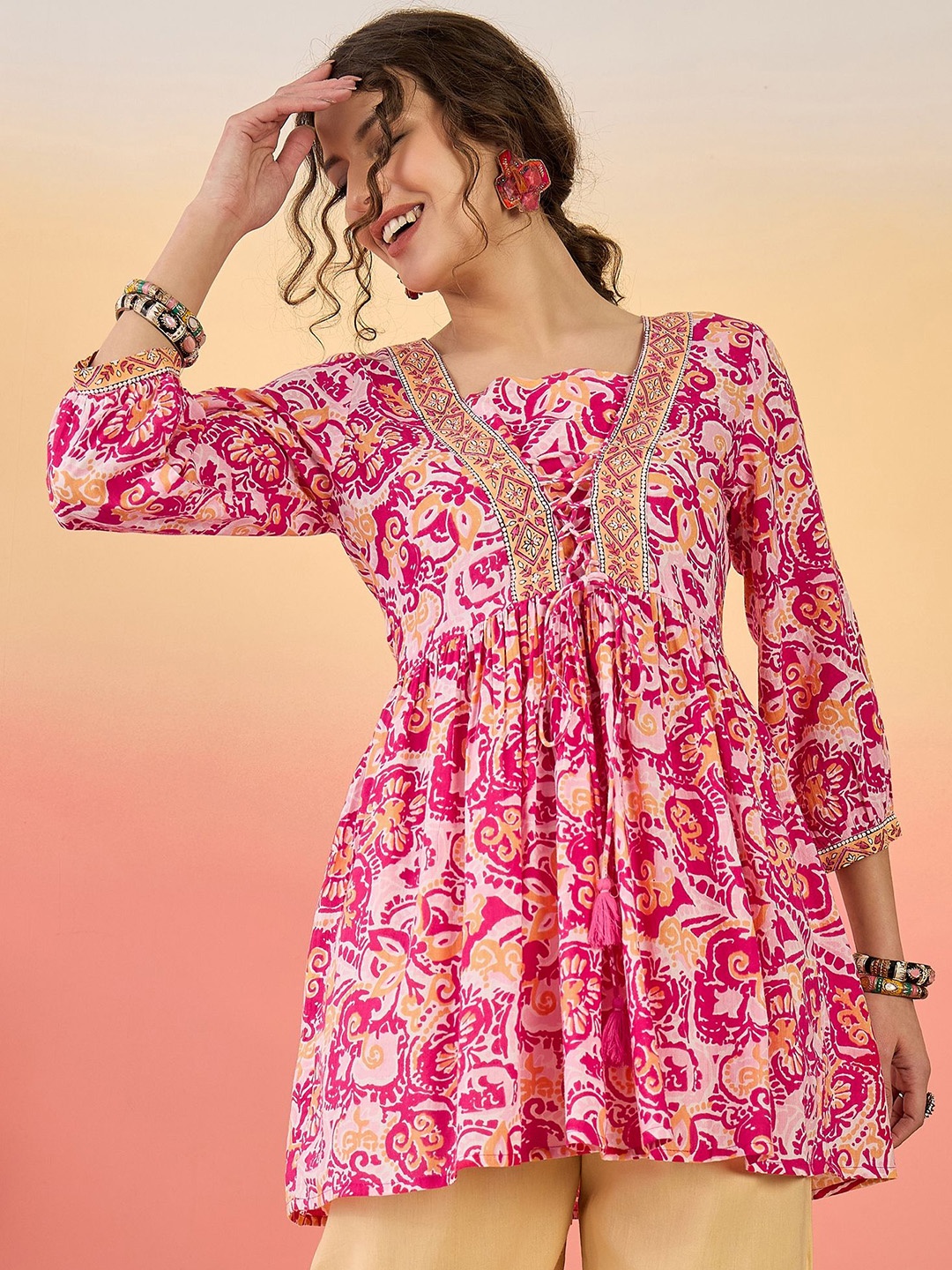 

Sangria Women's Printed Cotton Peplum Top, Pink
