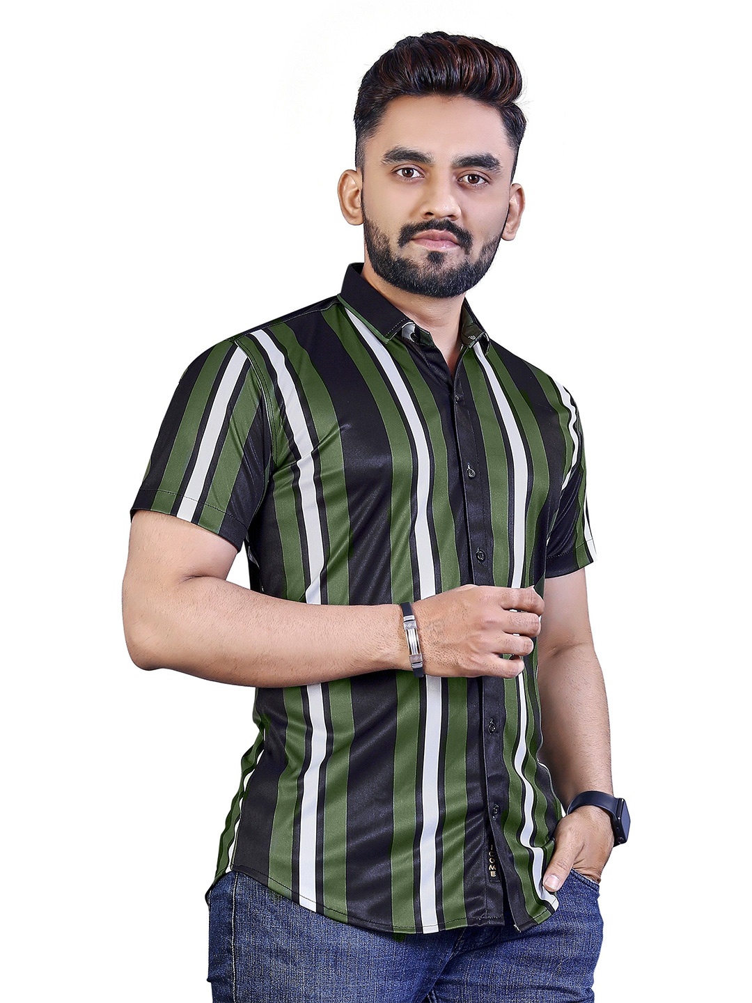 

iCome Men Classic Multi Stripes Opaque Striped Casual Shirt, Green