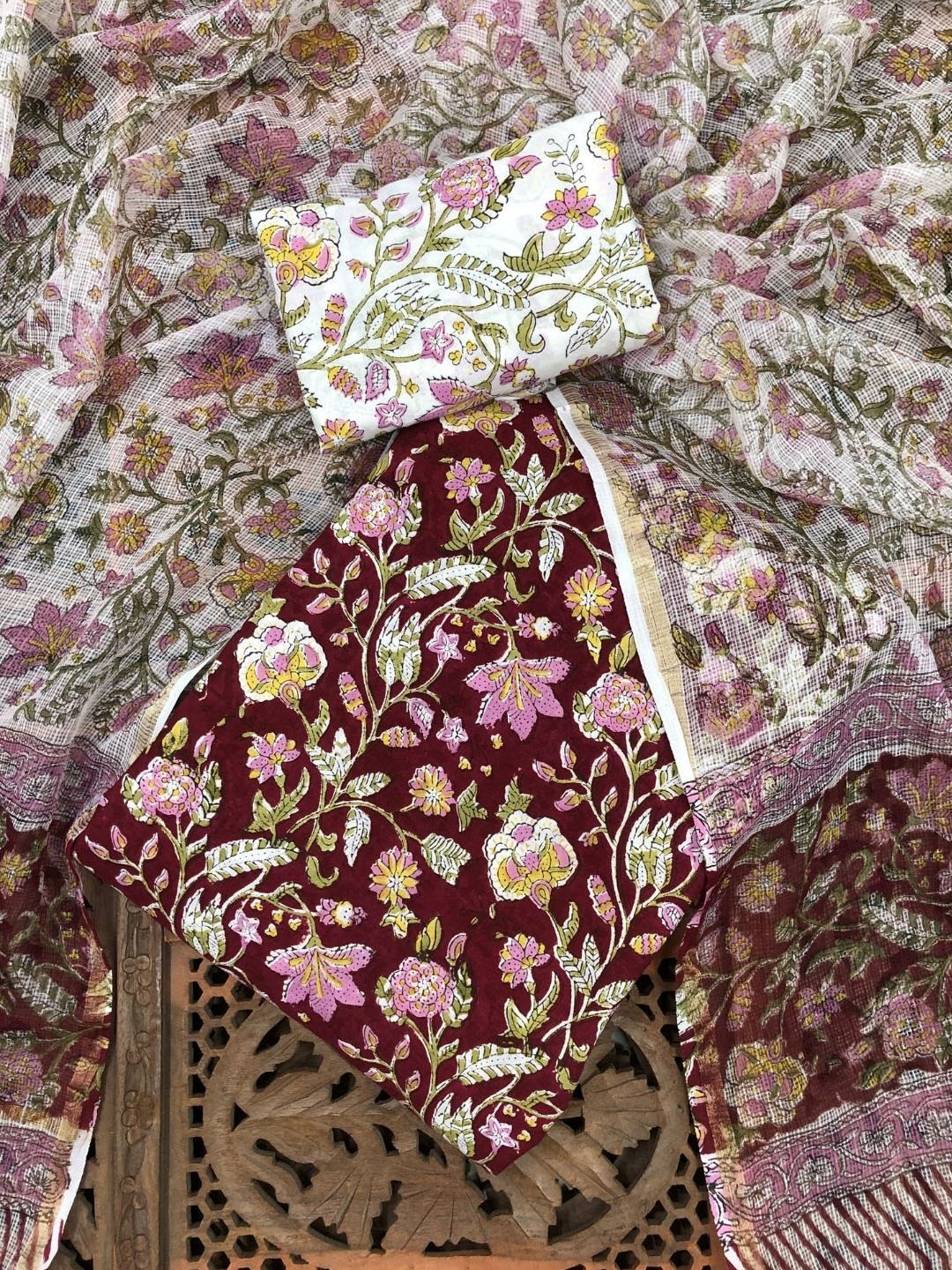 

PALASH Floral Block Printed Pure Cotton Unstitched Dress Material, Maroon